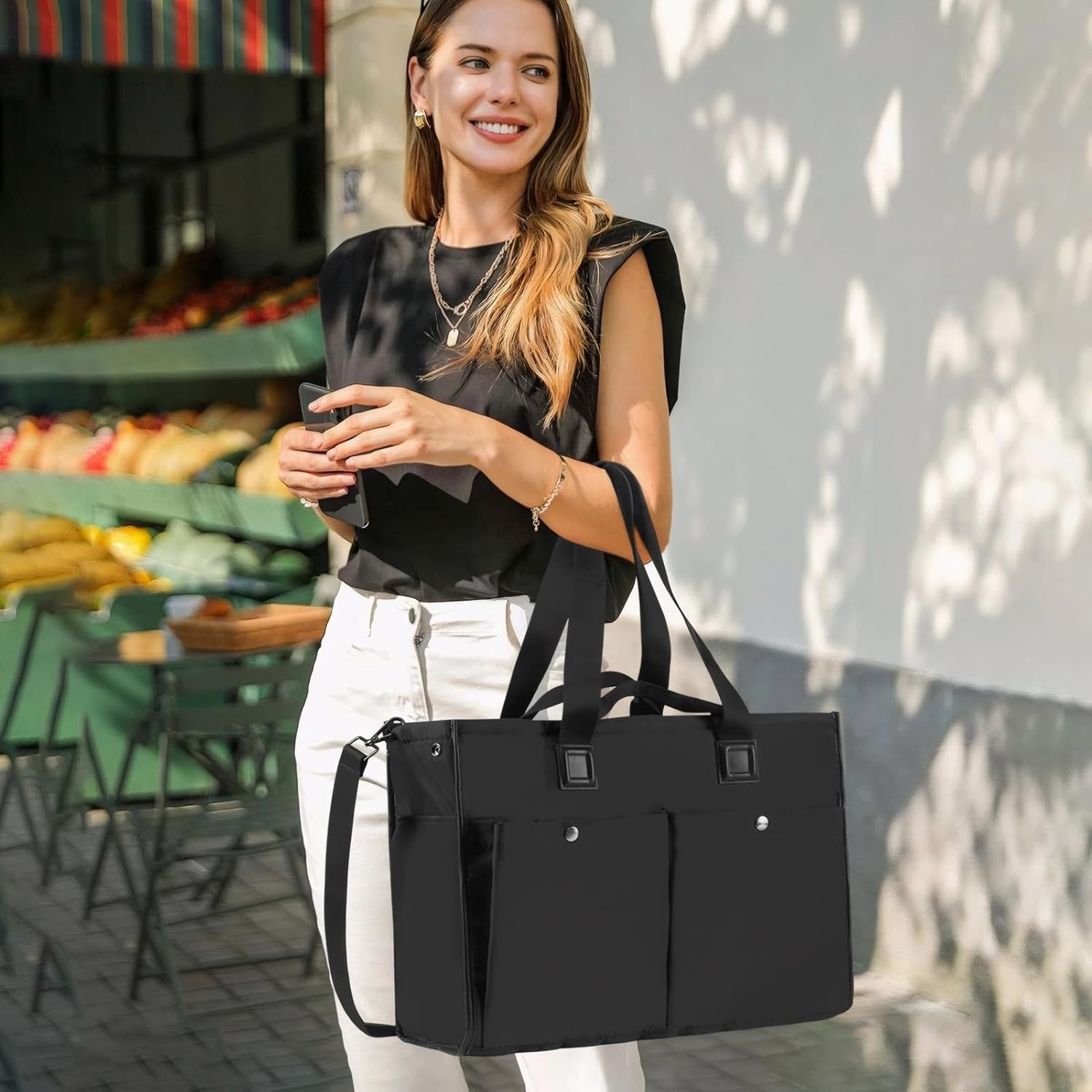 image:imageLarge Tote Bag for Women Embroidery Handbags for Women Weekender HandbagsBlack