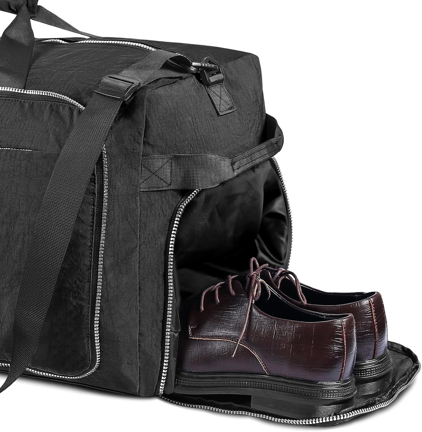 image:imageVomgomfom 120L Foldable Nylon Travel Duffle Bag with Separate Shoe Compartment Multiple Pockets Thickened Base Removable Strap amp HandleBlackBlack
