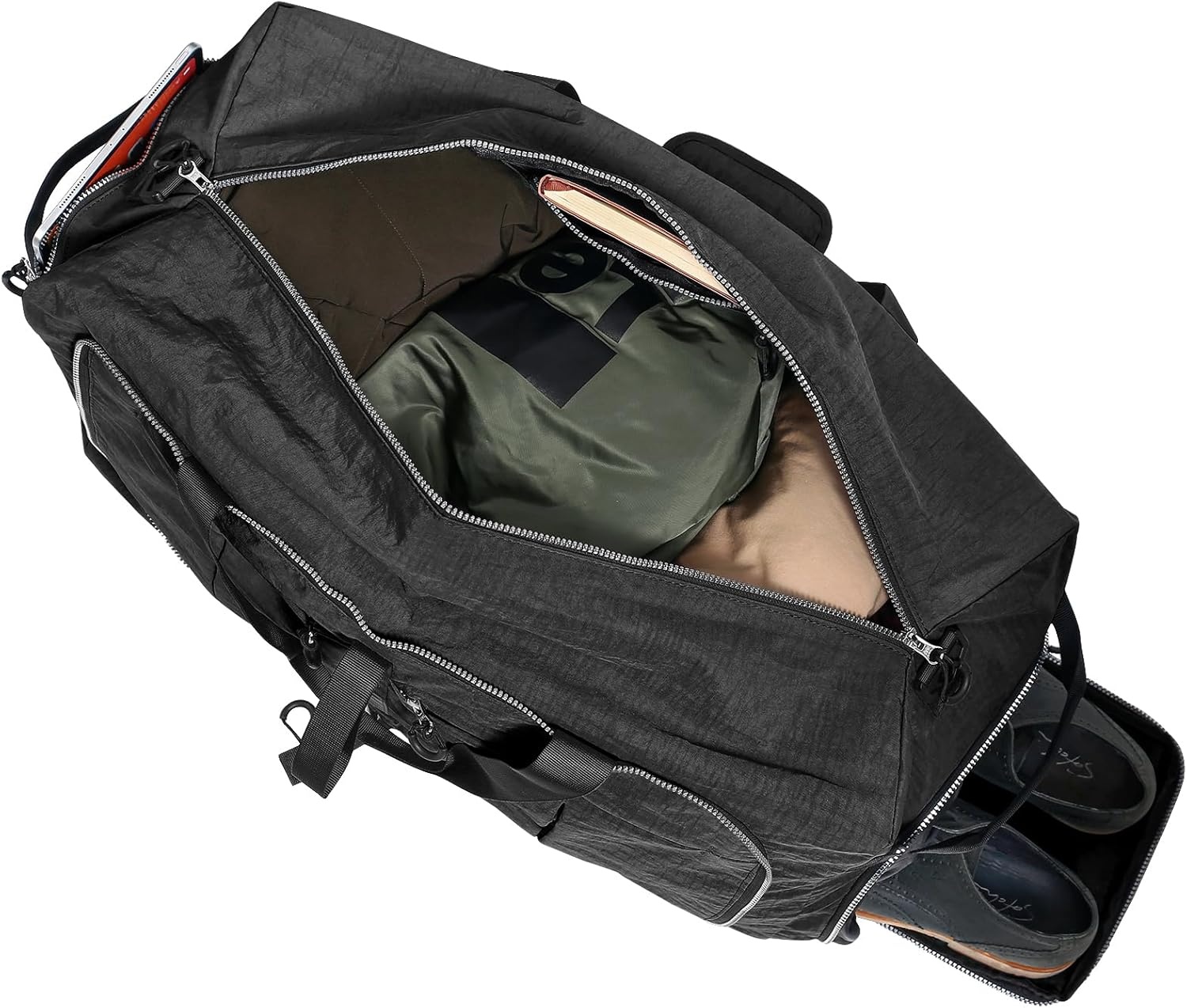 image:imageVomgomfom 120L Foldable Nylon Travel Duffle Bag with Separate Shoe Compartment Multiple Pockets Thickened Base Removable Strap amp HandleBlackBlack