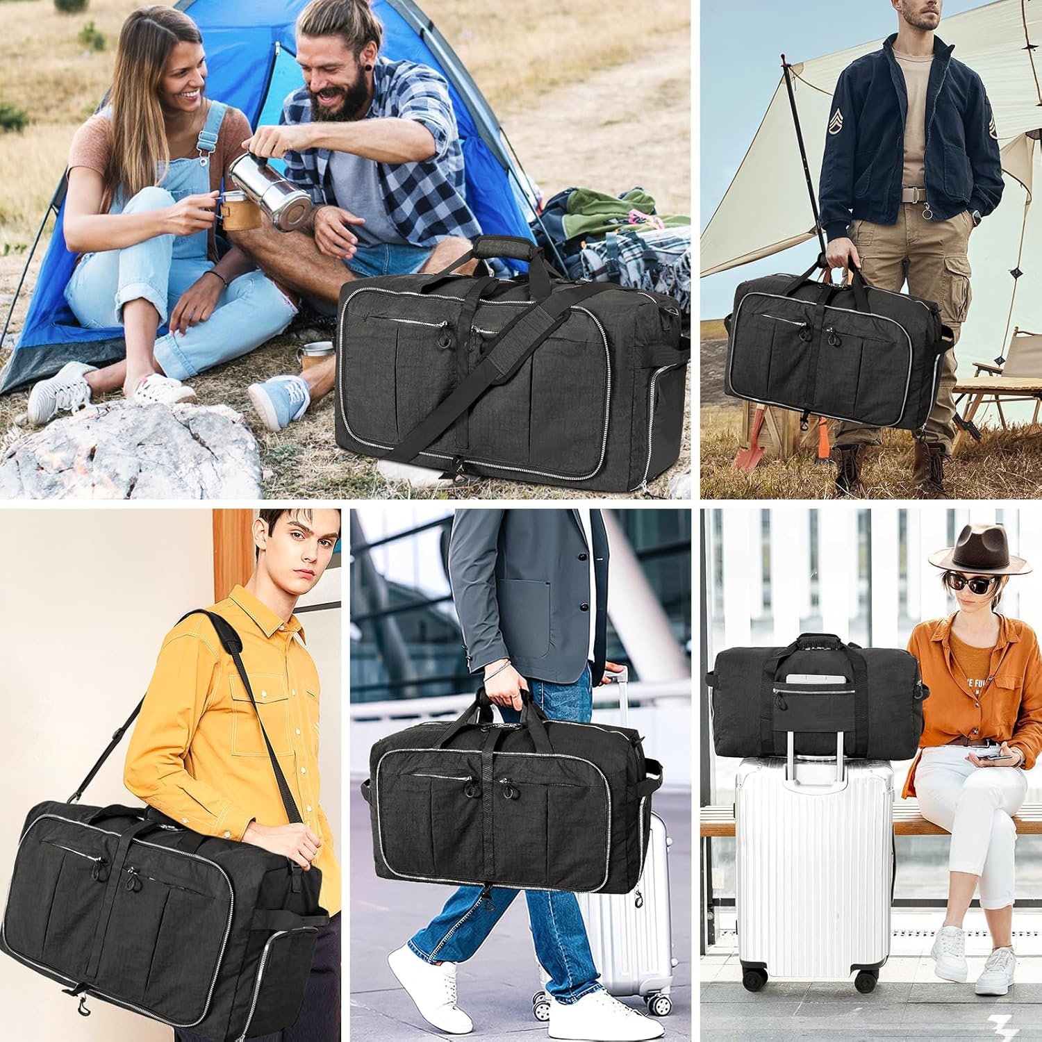 image:imageVomgomfom 120L Foldable Nylon Travel Duffle Bag with Separate Shoe Compartment Multiple Pockets Thickened Base Removable Strap amp HandleBlackBlack