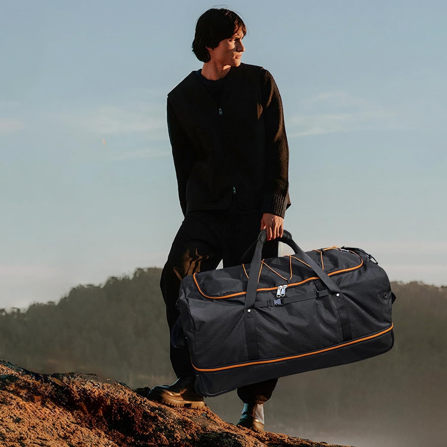 image:imageVomgomfom 32 SoftSided Foldable Wheeled Travel Duffel BagExpandable 110L to 140L Rolling Cargo Bag with 2 Wheels and Multiple PocketsBlackorangeBlackorange