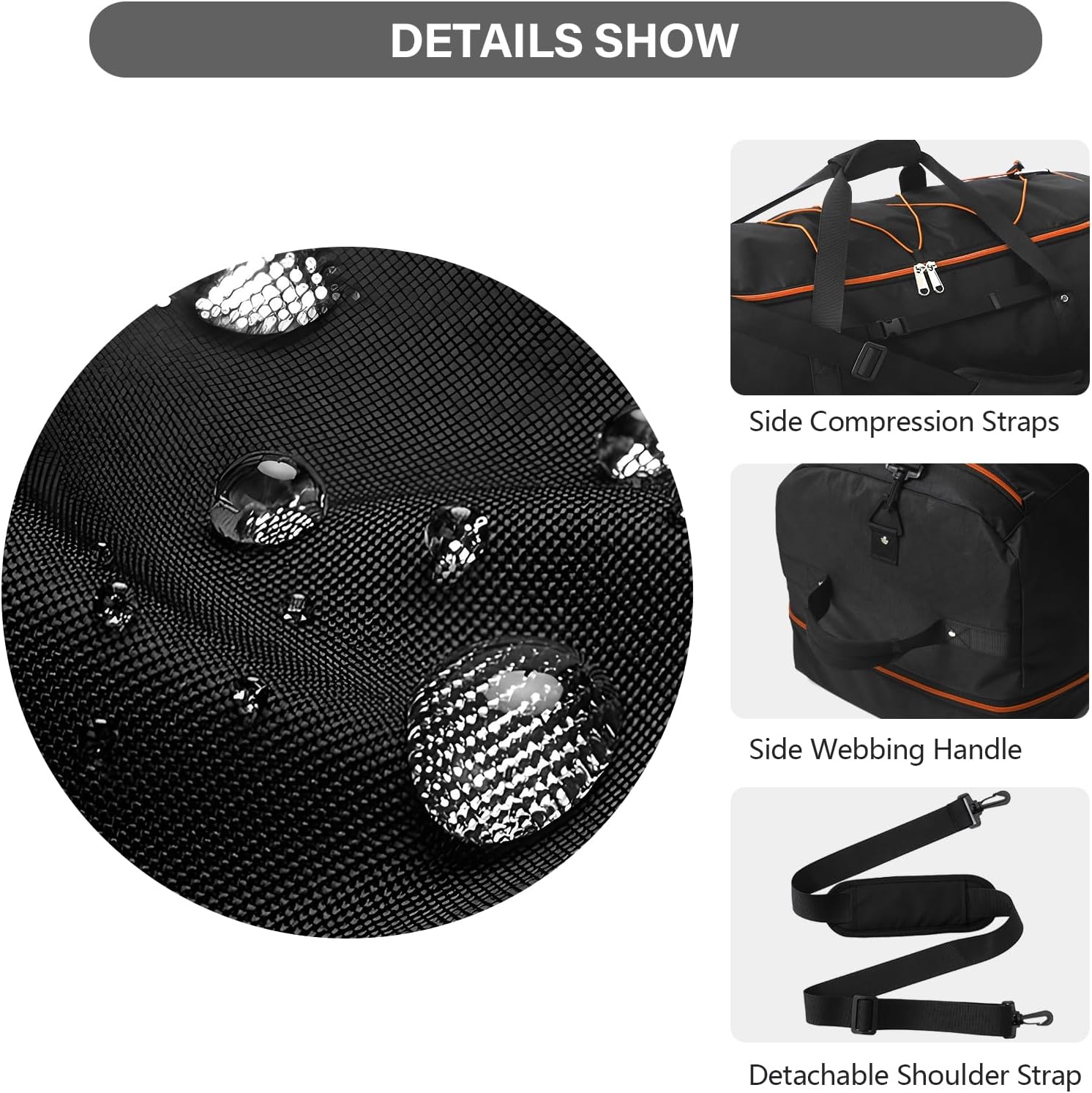 image:imageVomgomfom 32 SoftSided Foldable Wheeled Travel Duffel BagExpandable 110L to 140L Rolling Cargo Bag with 2 Wheels and Multiple PocketsBlackorangeBlackorange