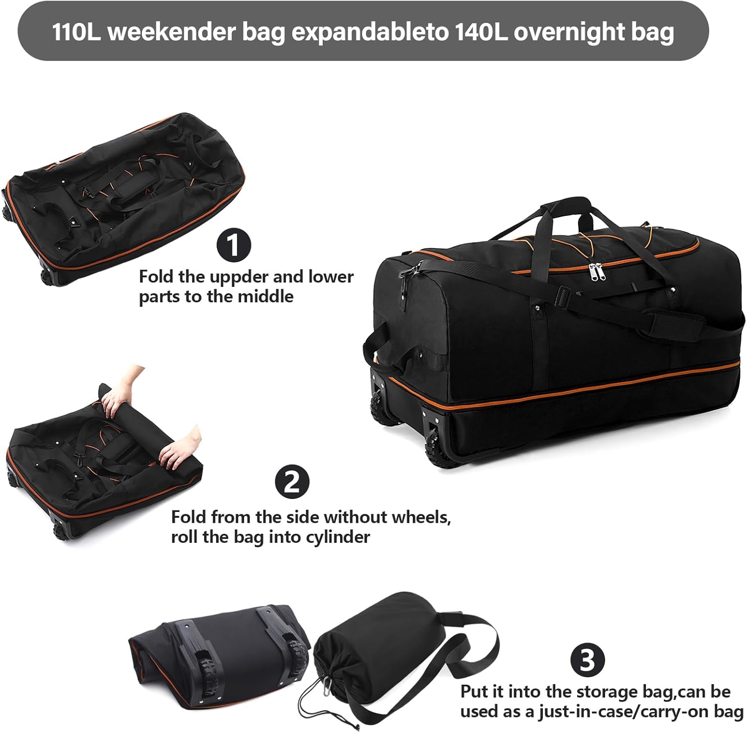 image:imageVomgomfom 32 SoftSided Foldable Wheeled Travel Duffel BagExpandable 110L to 140L Rolling Cargo Bag with 2 Wheels and Multiple PocketsBlackorangeBlackorange