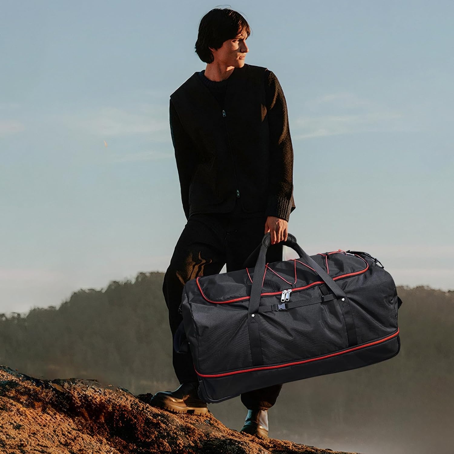 image:imageVomgomfom 32 SoftSided Foldable Wheeled Travel Duffel BagExpandable 110L to 140L Rolling Cargo Bag with 2 Wheels and Multiple PocketsBlackorangeBlackred
