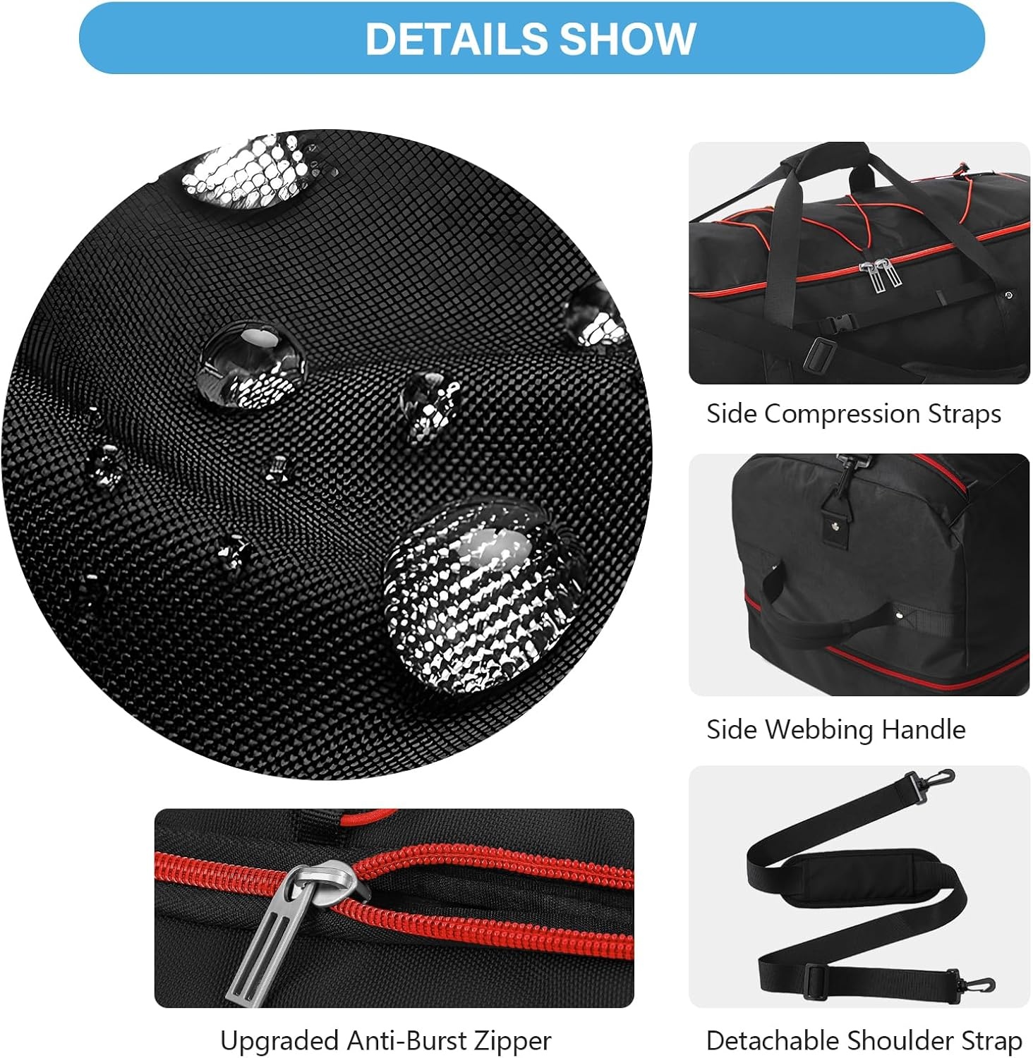 image:imageVomgomfom 32 SoftSided Foldable Wheeled Travel Duffel BagExpandable 110L to 140L Rolling Cargo Bag with 2 Wheels and Multiple PocketsBlackorangeBlackred