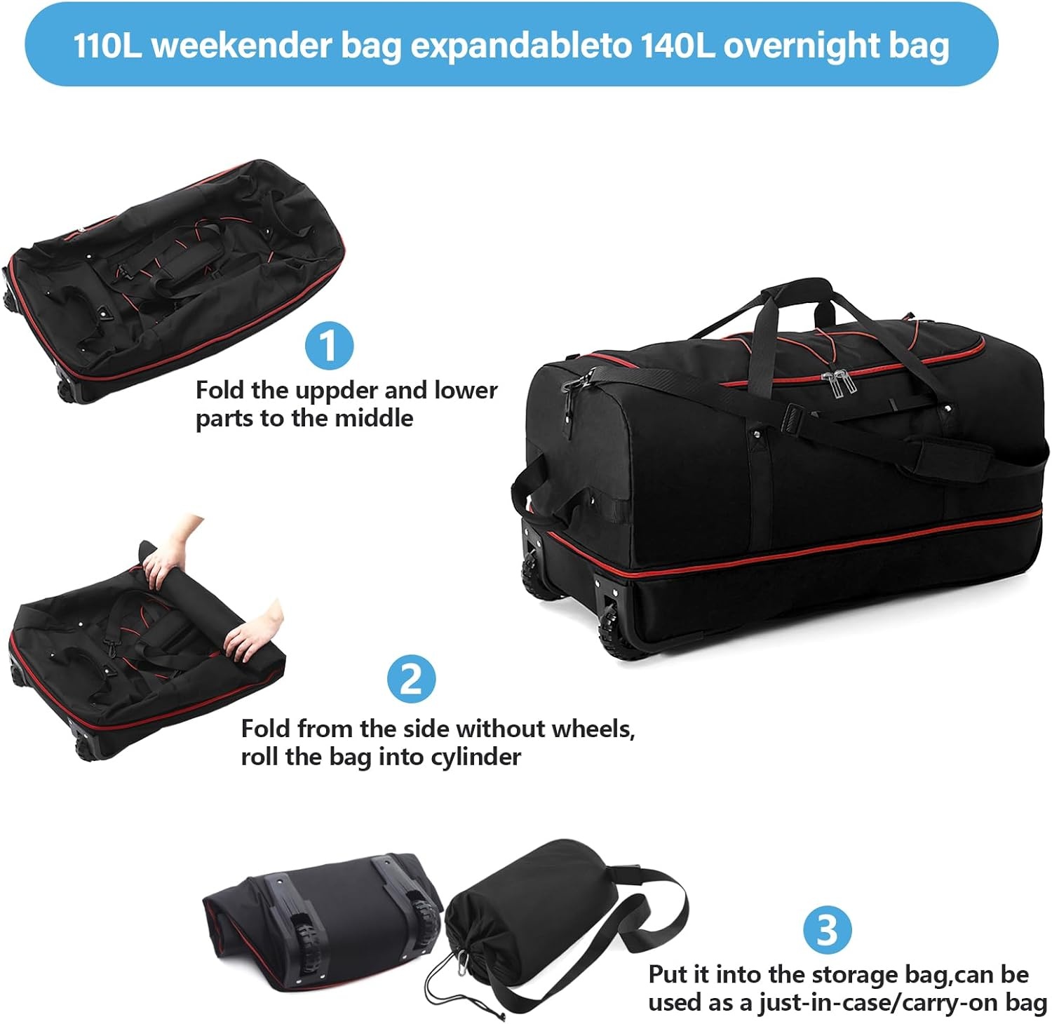 image:imageVomgomfom 32 SoftSided Foldable Wheeled Travel Duffel BagExpandable 110L to 140L Rolling Cargo Bag with 2 Wheels and Multiple PocketsBlackorangeBlackred
