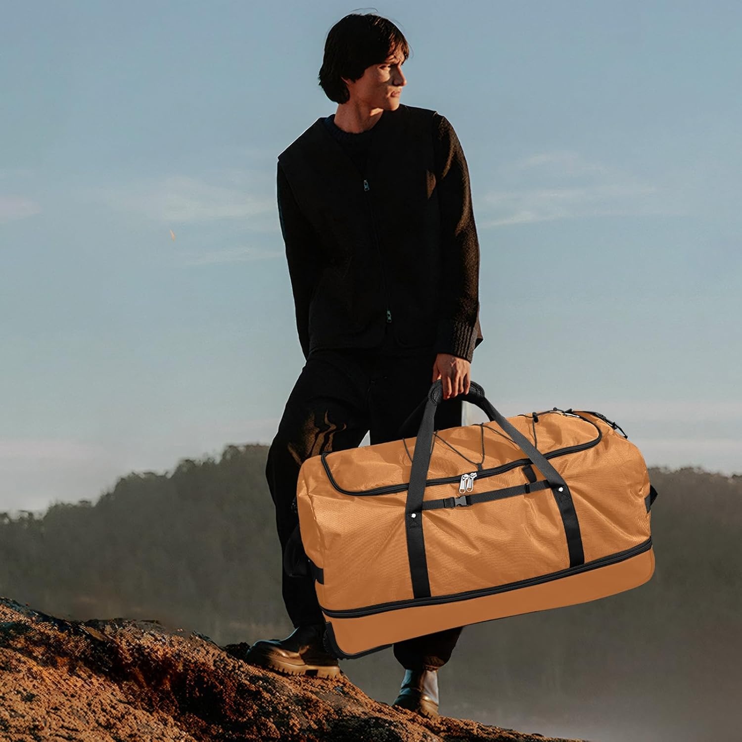 image:imageVomgomfom 32 SoftSided Foldable Wheeled Travel Duffel BagExpandable 110L to 140L Rolling Cargo Bag with 2 Wheels and Multiple PocketsBlackorangeBrown