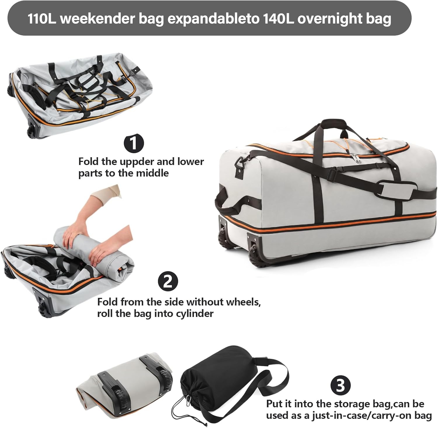 image:imageVomgomfom 32 SoftSided Foldable Wheeled Travel Duffel BagExpandable 110L to 140L Rolling Cargo Bag with 2 Wheels and Multiple PocketsBlackorangeGray