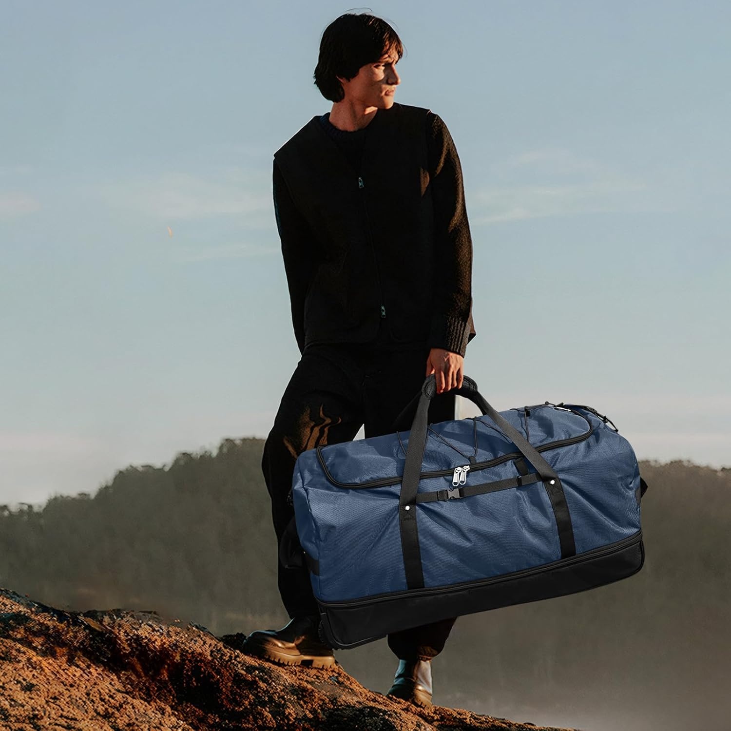 image:imageVomgomfom 32 SoftSided Foldable Wheeled Travel Duffel BagExpandable 110L to 140L Rolling Cargo Bag with 2 Wheels and Multiple PocketsBlackorangeNavy