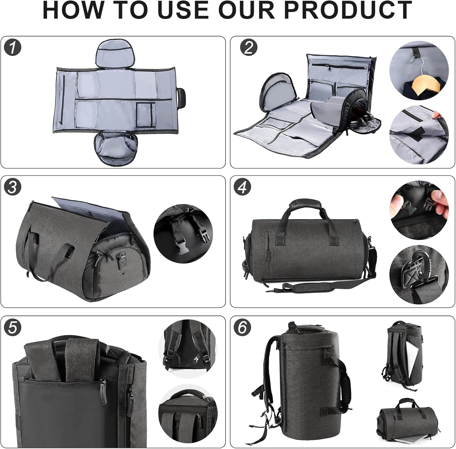 image:imageVomgomfom 45L Foldable Garment Bag with Removable Backpack amp Shoulder StrapsBusiness Travel Suit Bag with Separate Shoe CompartmentBlackBlack