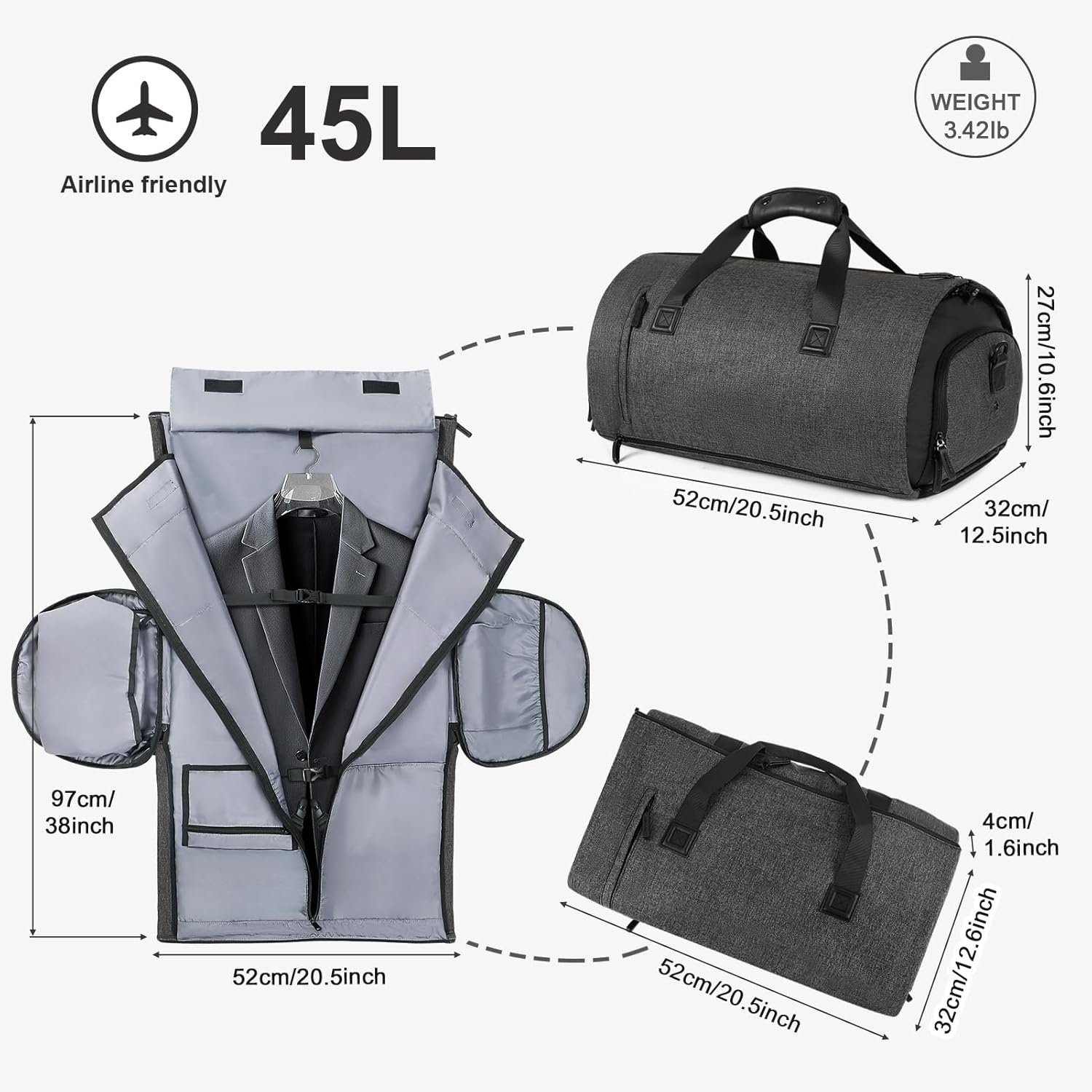 image:imageVomgomfom 45L Foldable Garment Bag with Removable Backpack amp Shoulder StrapsBusiness Travel Suit Bag with Separate Shoe CompartmentBlackBlack