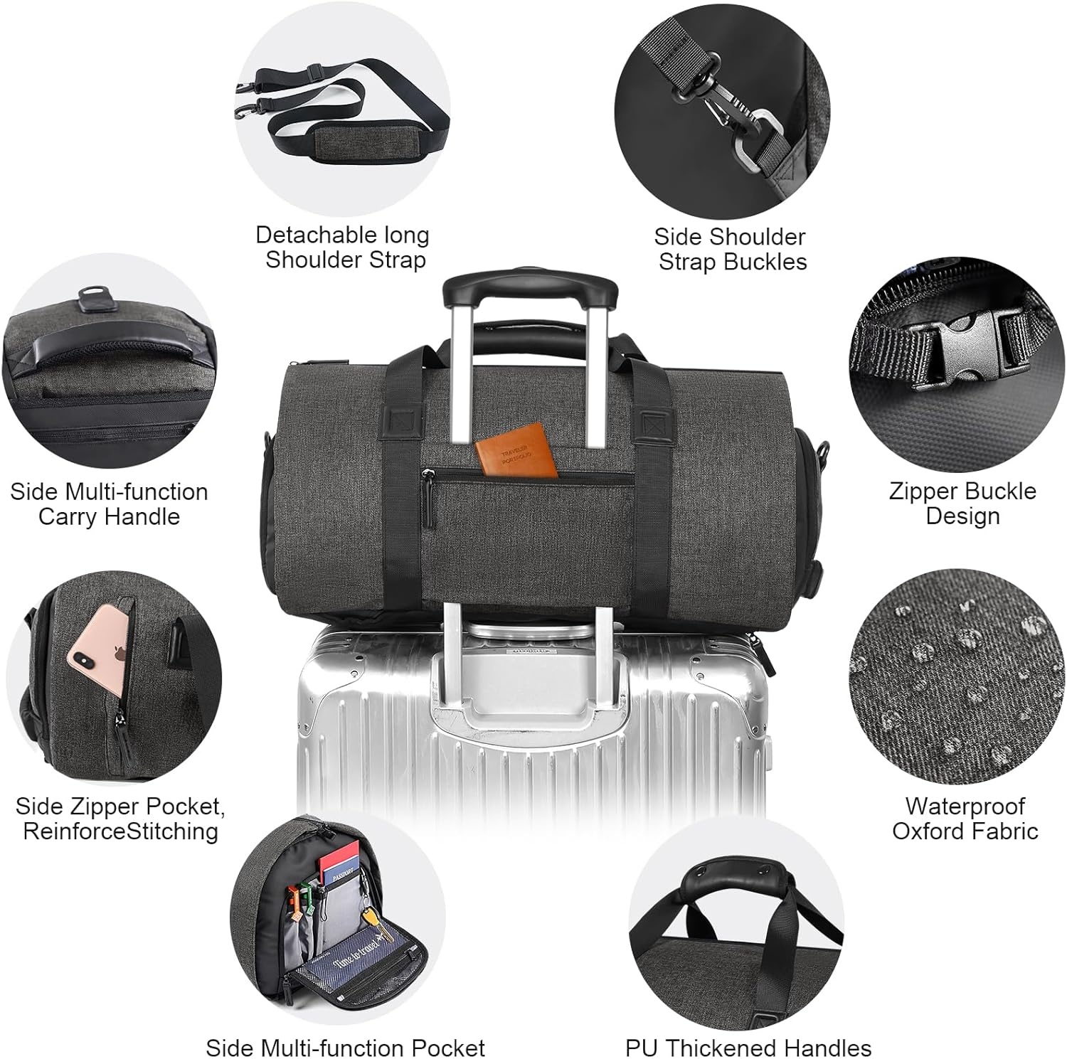 image:imageVomgomfom 45L Foldable Garment Bag with Removable Backpack amp Shoulder StrapsBusiness Travel Suit Bag with Separate Shoe CompartmentBlackBlack