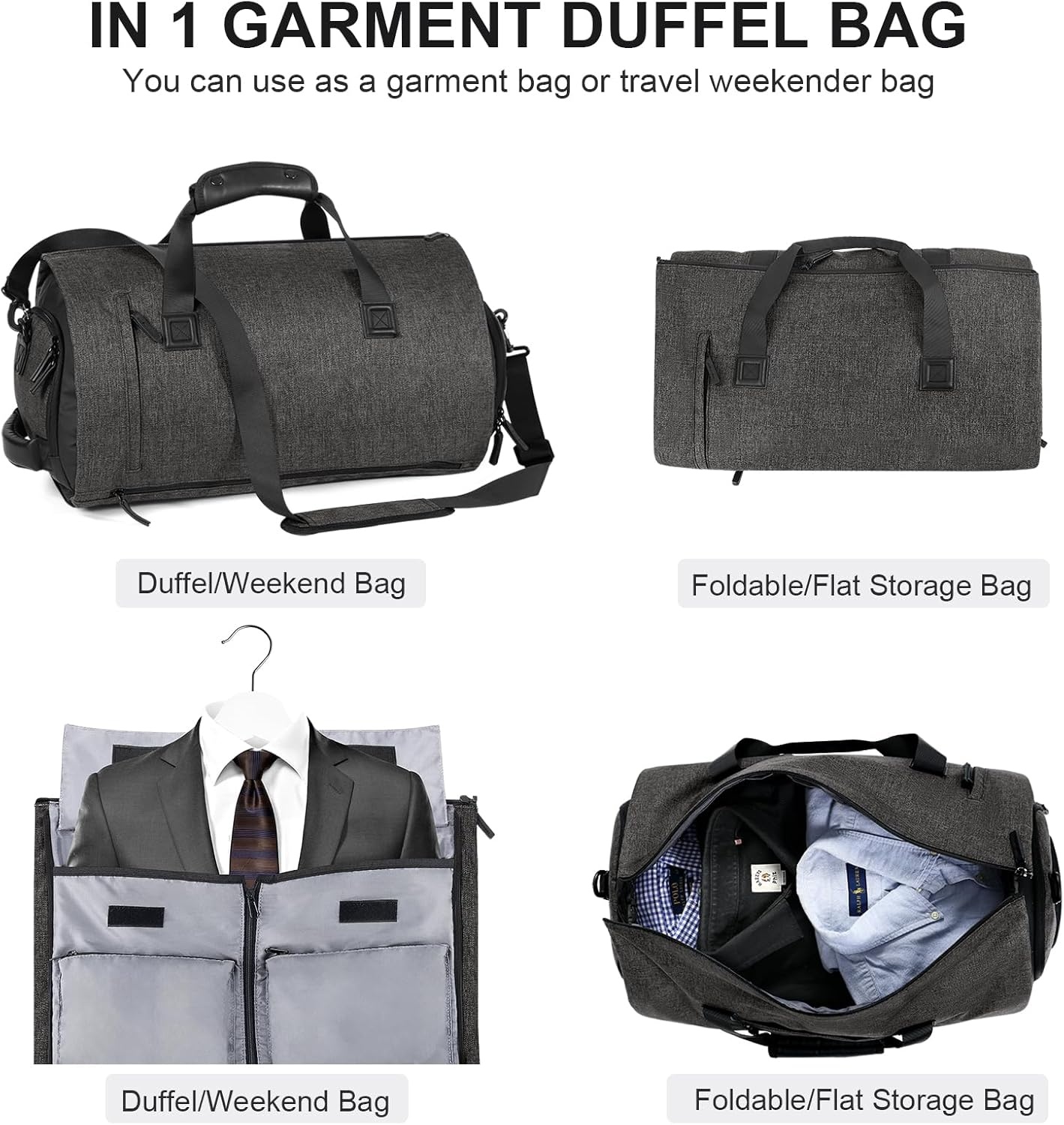 image:imageVomgomfom 45L Foldable Garment Bag with Removable Backpack amp Shoulder StrapsBusiness Travel Suit Bag with Separate Shoe CompartmentBlackBlack