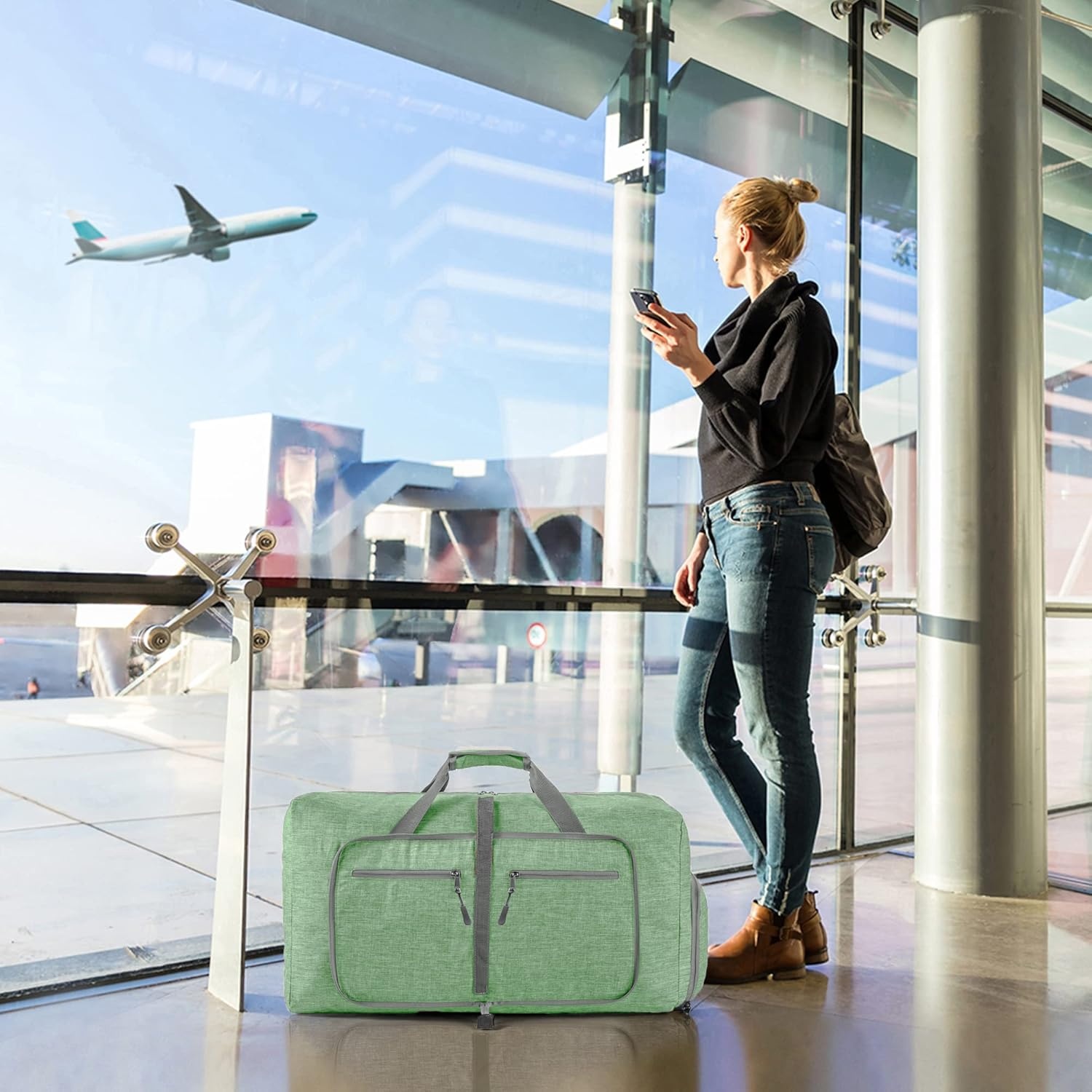 image:imageVomgomfom 65L85L115L Foldable Travel Duffle Bag Lightweight Checked Luggage with Shoe Compartment WaterResistant Weekender Overnight Bag for Men amp WomenH Light Green