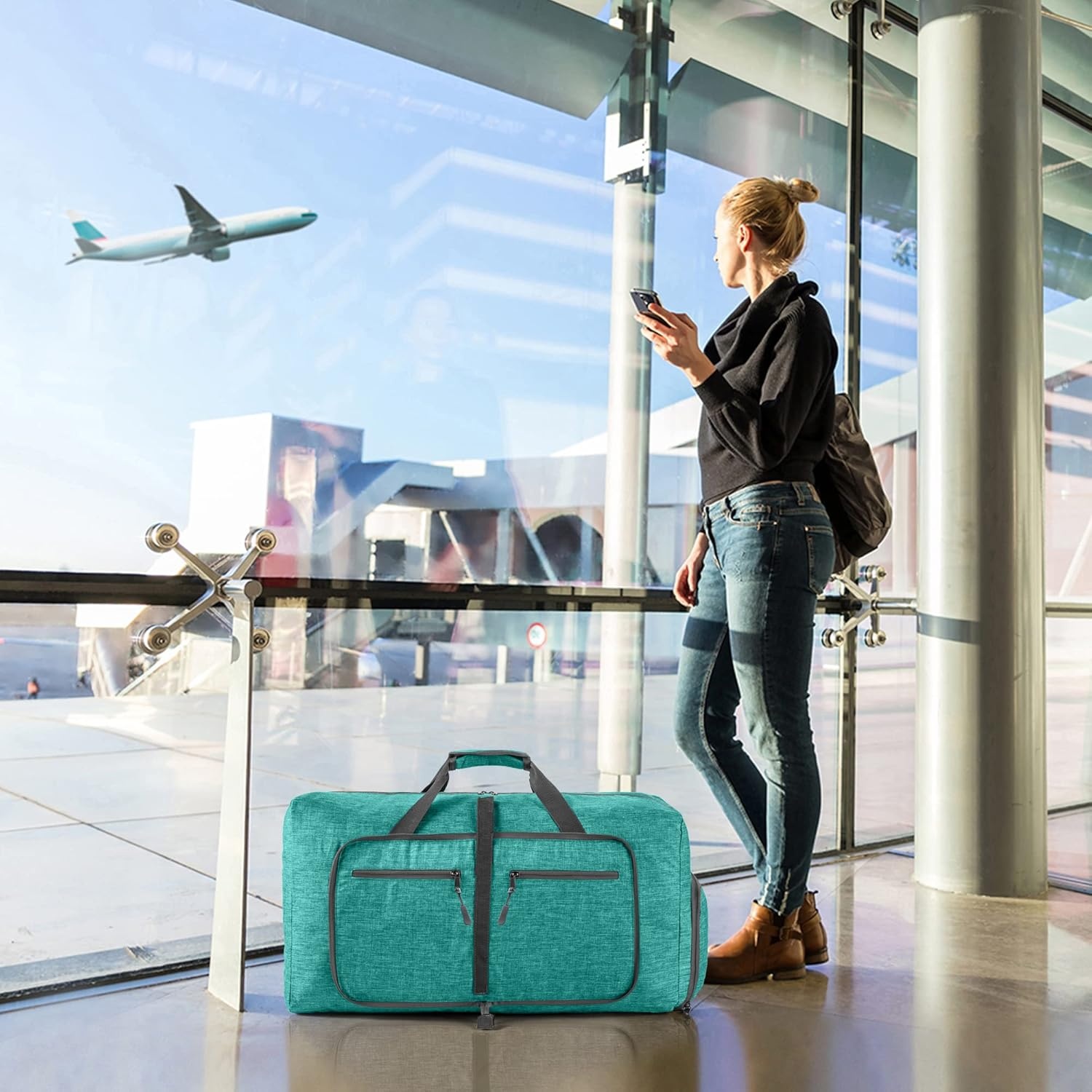 image:imageVomgomfom 65L85L115L Foldable Travel Duffle Bag Lightweight Checked Luggage with Shoe Compartment WaterResistant Weekender Overnight Bag for Men amp WomenG Mint Green