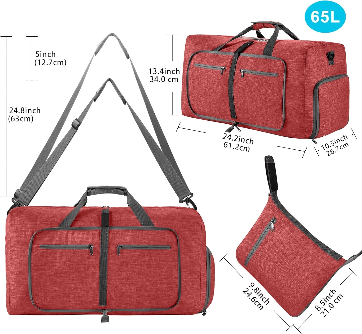 image:imageVomgomfom 65L85L115L Foldable Travel Duffle Bag Lightweight Checked Luggage with Shoe Compartment WaterResistant Weekender Overnight Bag for Men amp WomenO Red
