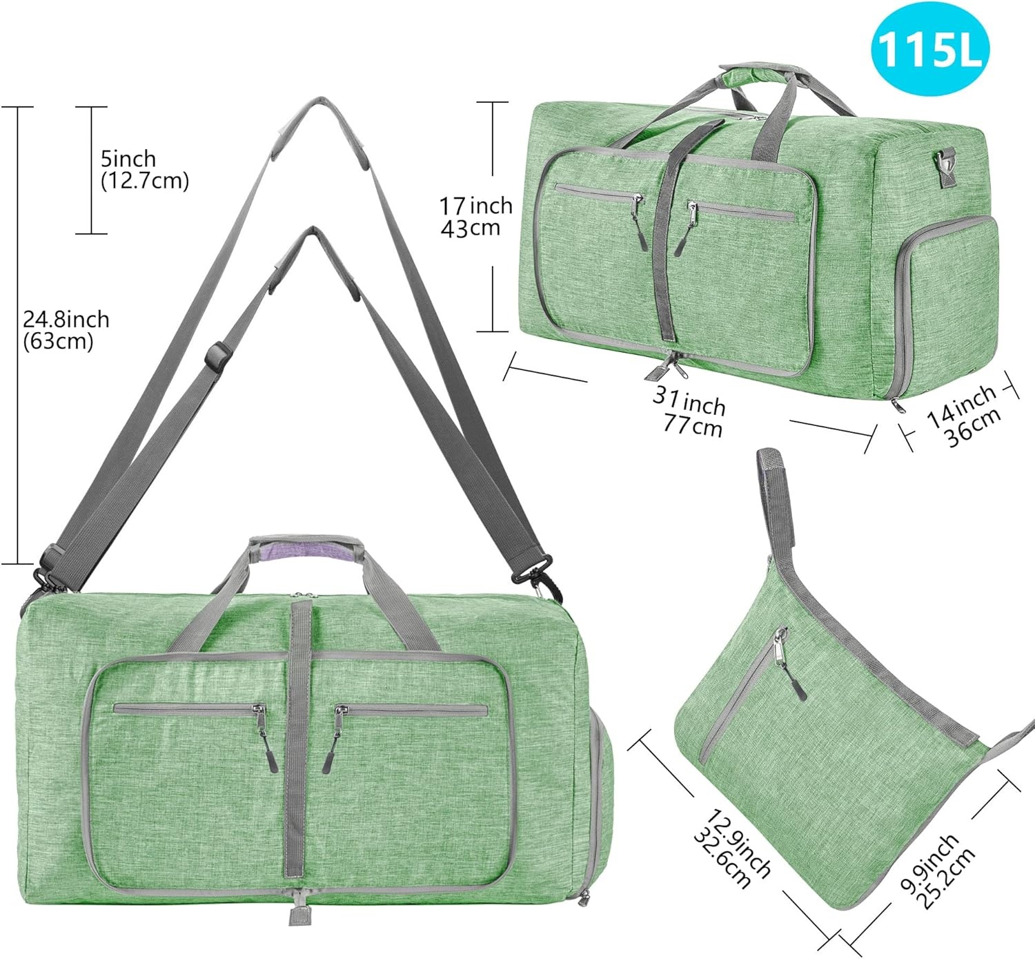 image:imageVomgomfom 65L85L115L Foldable Travel Duffle Bag Lightweight Checked Luggage with Shoe Compartment WaterResistant Weekender Overnight Bag for Men amp WomenH Light Green