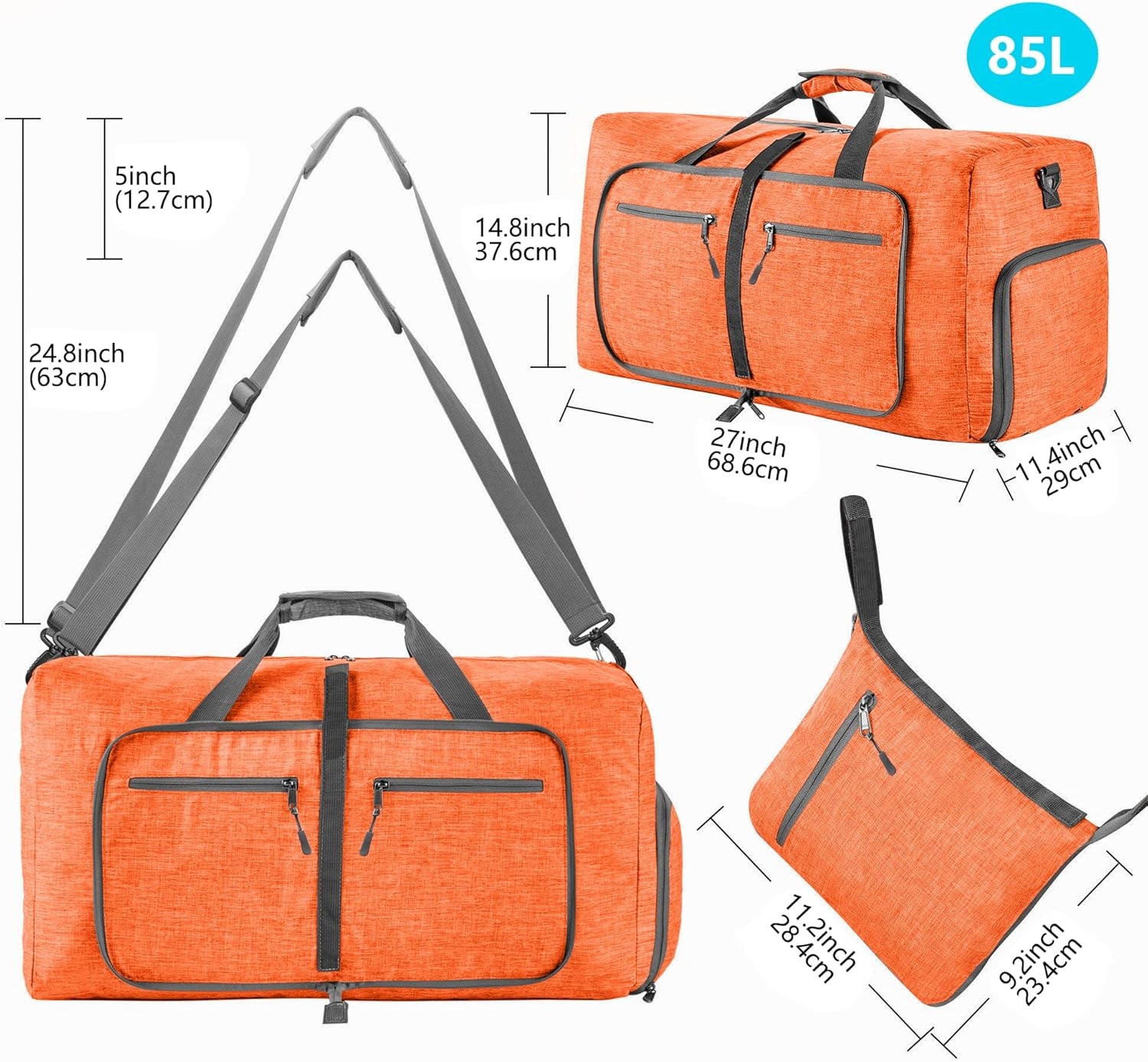 image:imageVomgomfom 65L85L115L Foldable Travel Duffle Bag Lightweight Checked Luggage with Shoe Compartment WaterResistant Weekender Overnight Bag for Men amp WomenL Orange