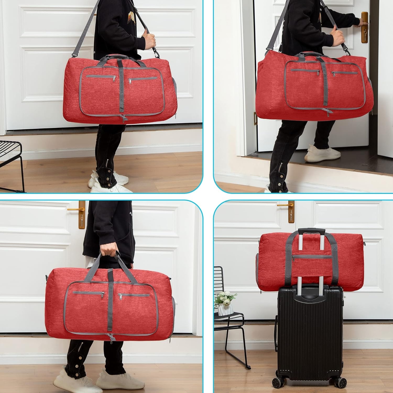 image:imageVomgomfom 65L85L115L Foldable Travel Duffle Bag Lightweight Checked Luggage with Shoe Compartment WaterResistant Weekender Overnight Bag for Men amp WomenO Red