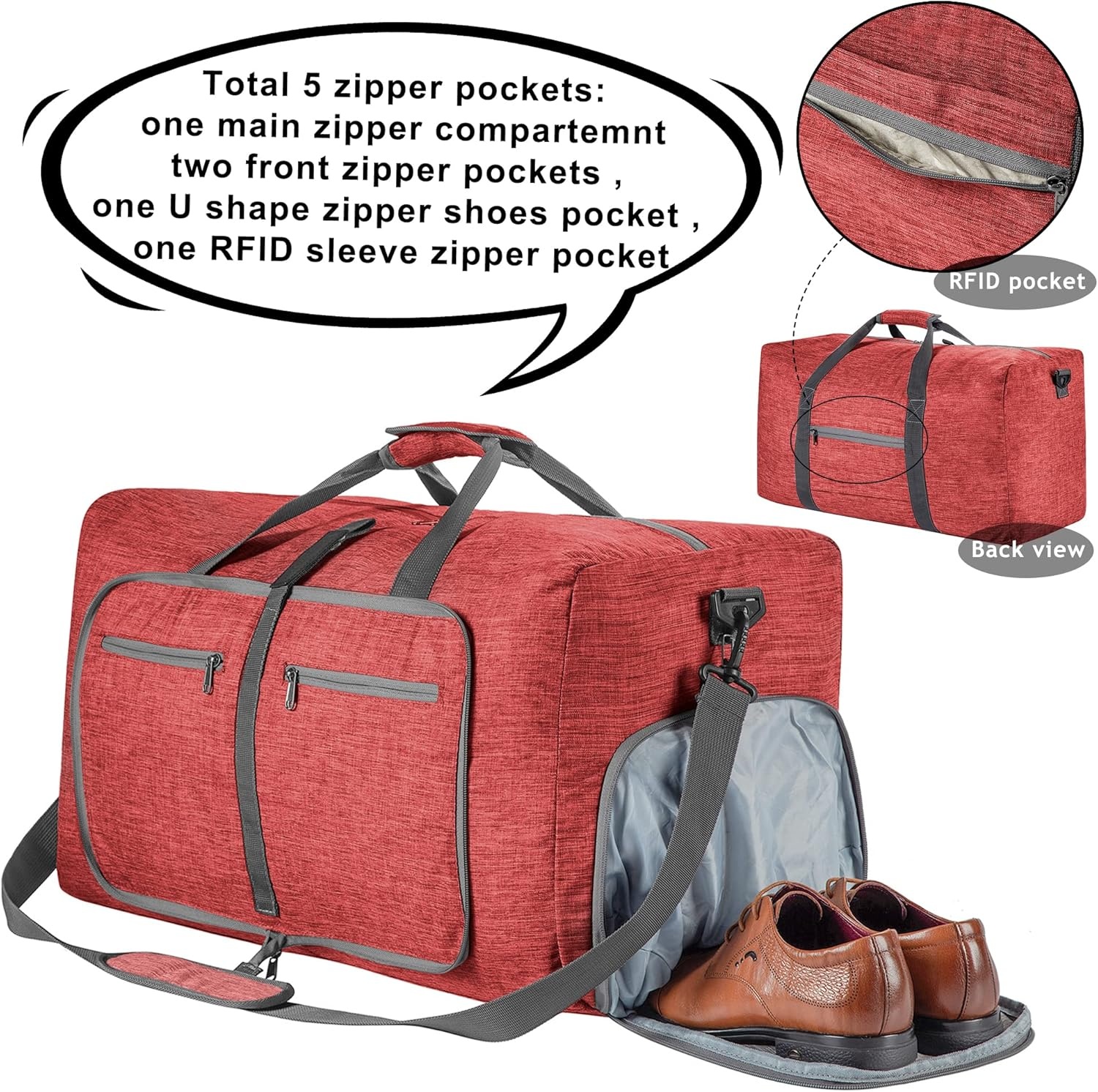 image:imageVomgomfom 65L85L115L Foldable Travel Duffle Bag Lightweight Checked Luggage with Shoe Compartment WaterResistant Weekender Overnight Bag for Men amp WomenO Red