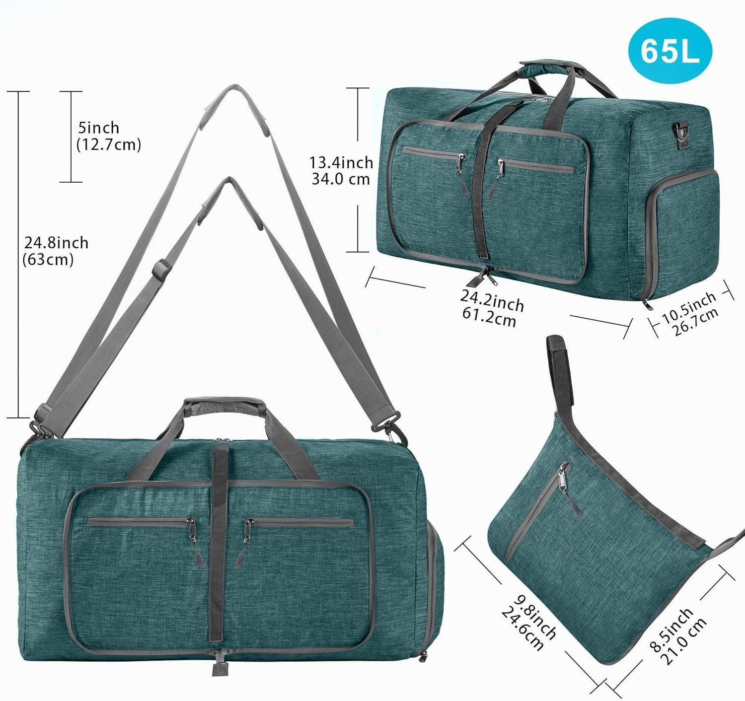 image:imageVomgomfom 65L85L115L Foldable Travel Duffle Bag Lightweight Checked Luggage with Shoe Compartment WaterResistant Weekender Overnight Bag for Men amp WomenF Green