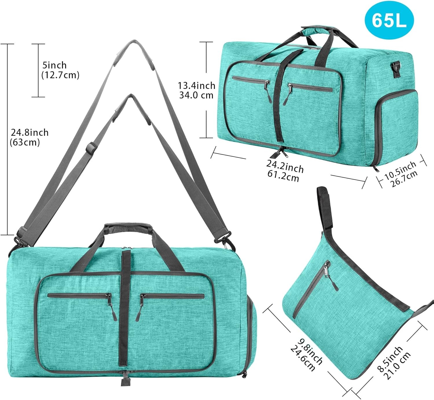 image:imageVomgomfom 65L85L115L Foldable Travel Duffle Bag Lightweight Checked Luggage with Shoe Compartment WaterResistant Weekender Overnight Bag for Men amp WomenG Mint Green