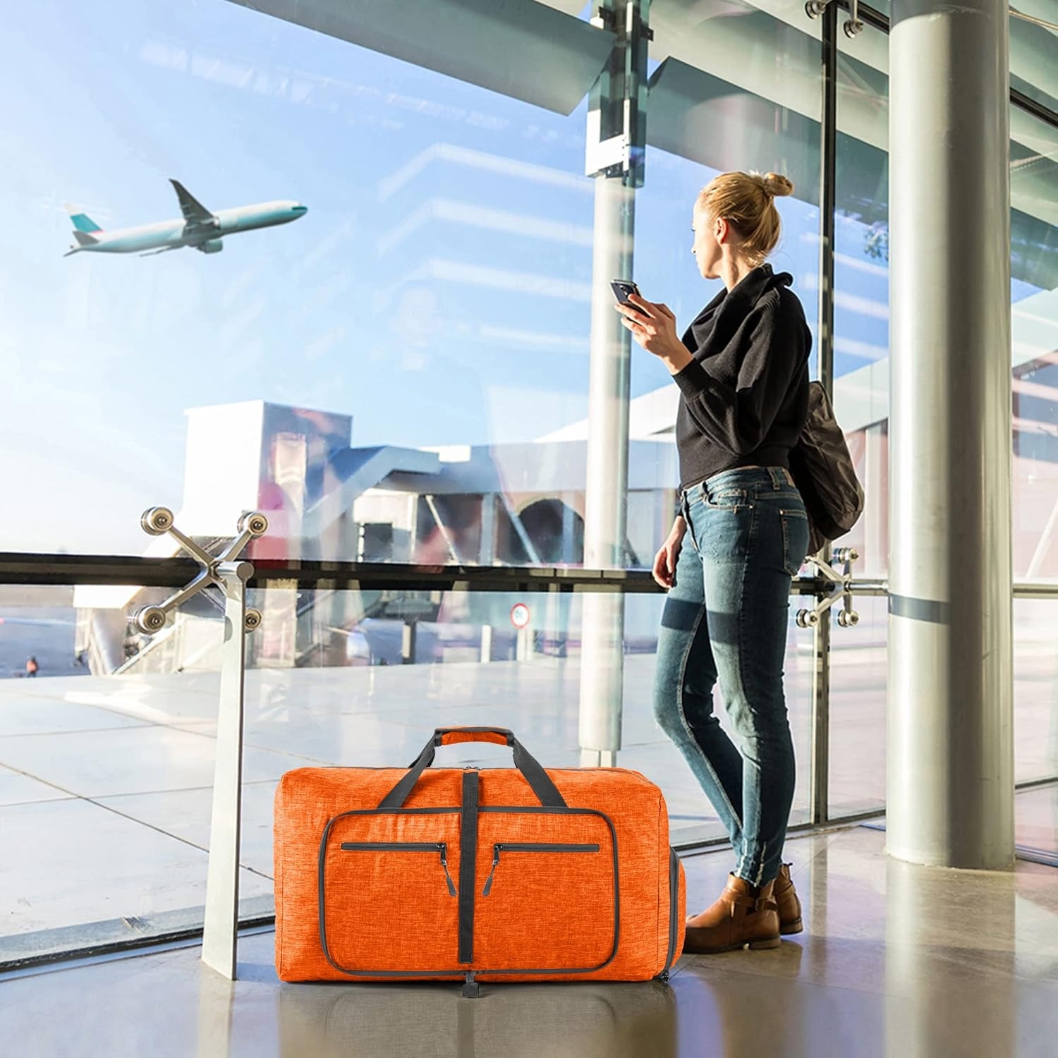 image:imageVomgomfom 65L85L115L Foldable Travel Duffle Bag Lightweight Checked Luggage with Shoe Compartment WaterResistant Weekender Overnight Bag for Men amp WomenL Orange
