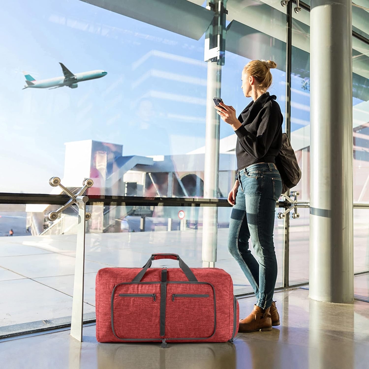 image:imageVomgomfom 65L85L115L Foldable Travel Duffle Bag Lightweight Checked Luggage with Shoe Compartment WaterResistant Weekender Overnight Bag for Men amp WomenO Red