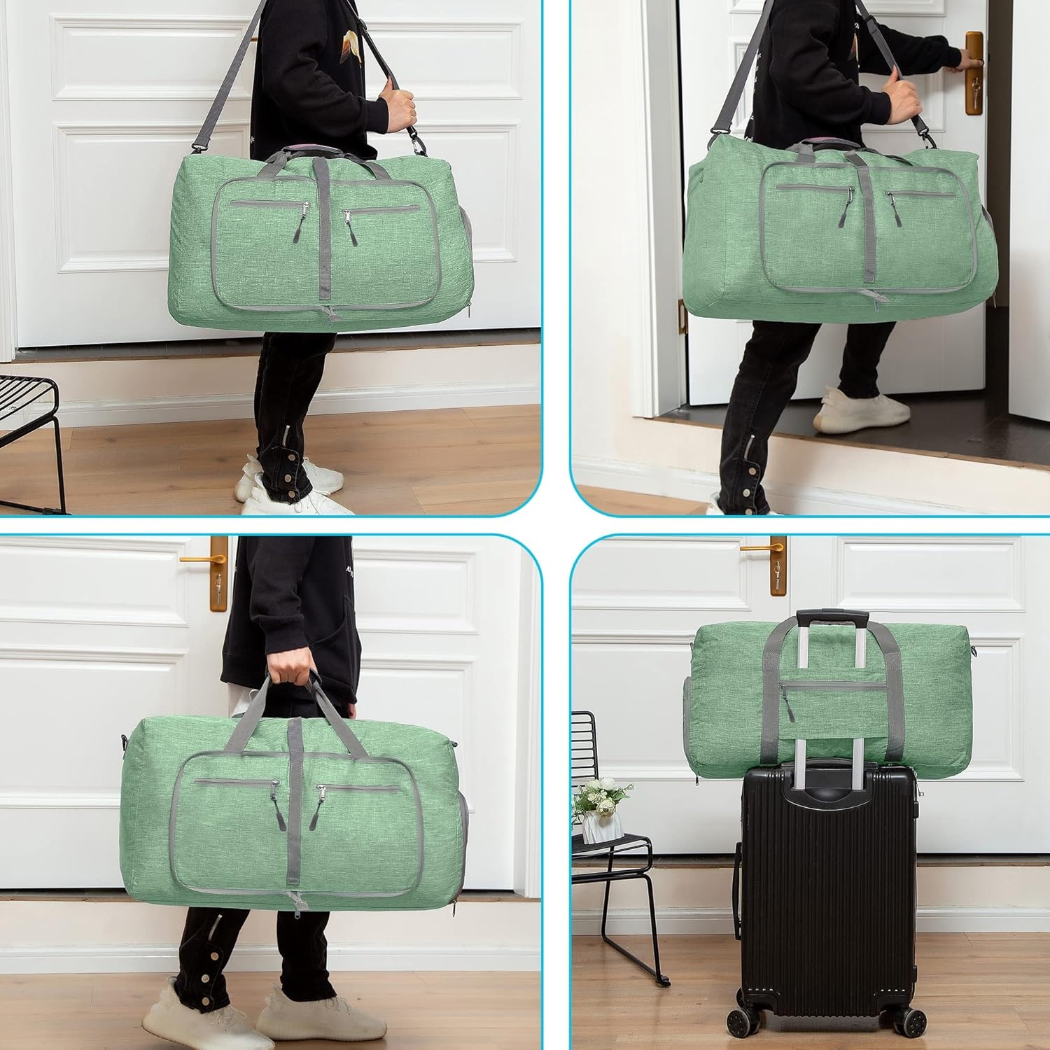 image:imageVomgomfom 65L85L115L Foldable Travel Duffle Bag Lightweight Checked Luggage with Shoe Compartment WaterResistant Weekender Overnight Bag for Men amp WomenH Light Green