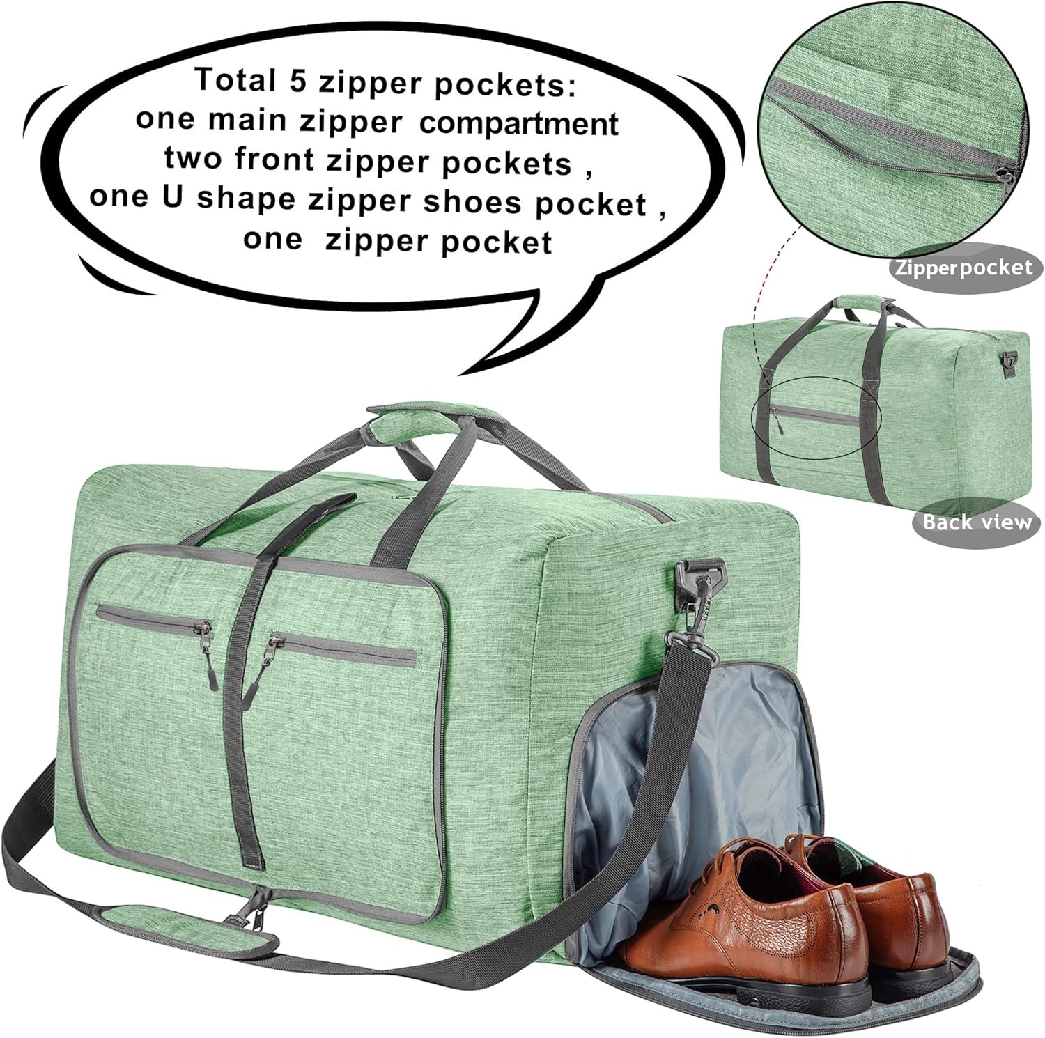 image:imageVomgomfom 65L85L115L Foldable Travel Duffle Bag Lightweight Checked Luggage with Shoe Compartment WaterResistant Weekender Overnight Bag for Men amp WomenH Light Green