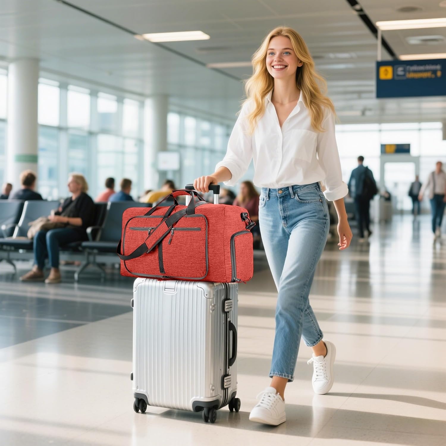 image:imageVomgomfom 65L85L115L Foldable Travel Duffle Bag Lightweight Checked Luggage with Shoe Compartment WaterResistant Weekender Overnight Bag for Men amp WomenO Red