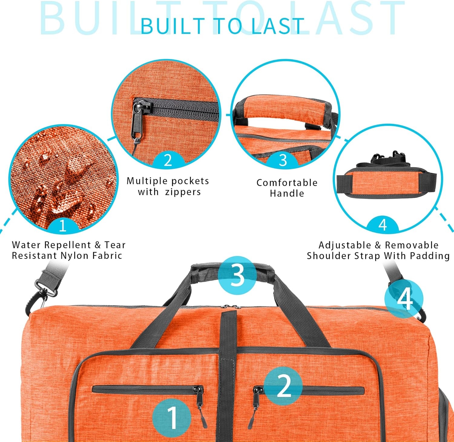 image:imageVomgomfom 65L85L115L Foldable Travel Duffle Bag Lightweight Checked Luggage with Shoe Compartment WaterResistant Weekender Overnight Bag for Men amp WomenL Orange
