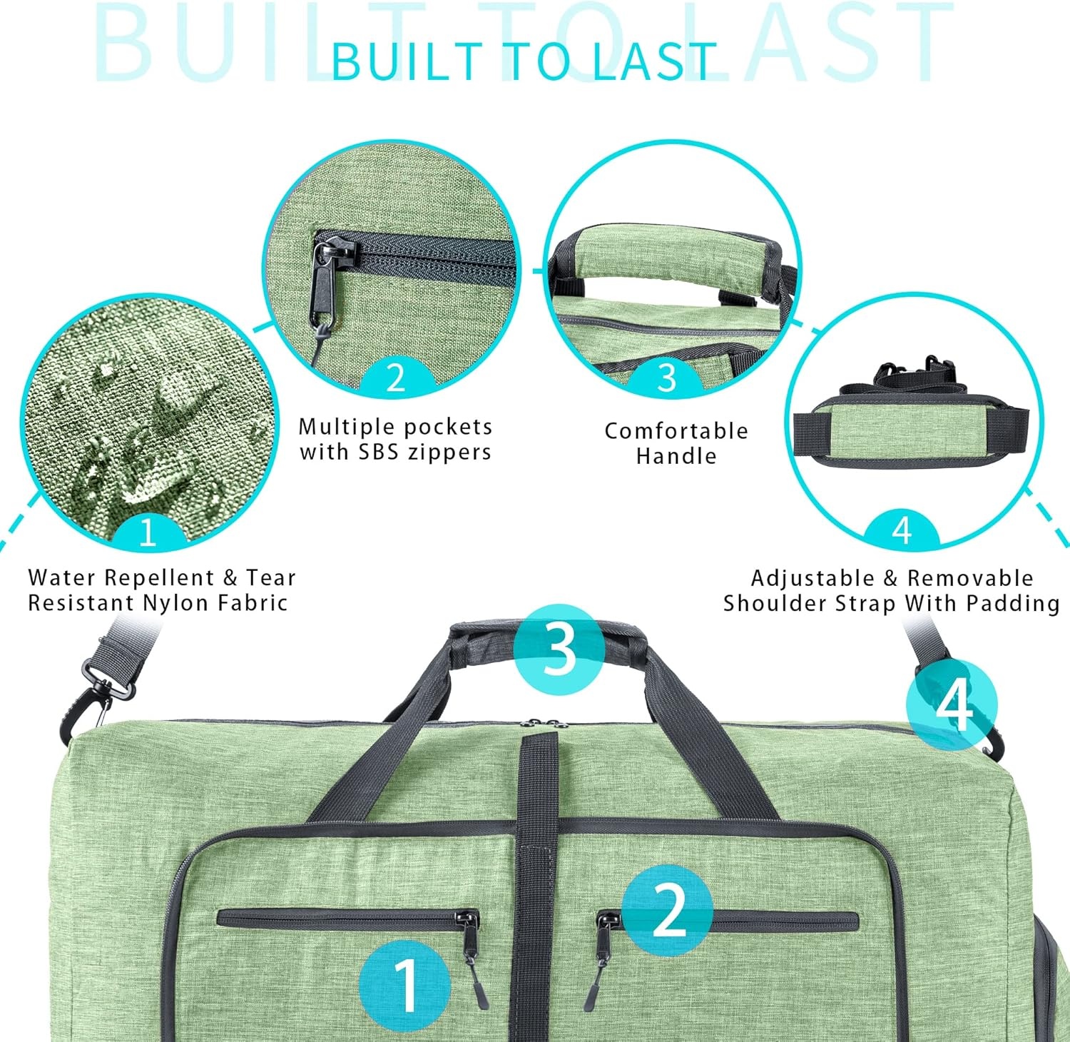 image:imageVomgomfom 65L85L115L Foldable Travel Duffle Bag Lightweight Checked Luggage with Shoe Compartment WaterResistant Weekender Overnight Bag for Men amp WomenH Light Green