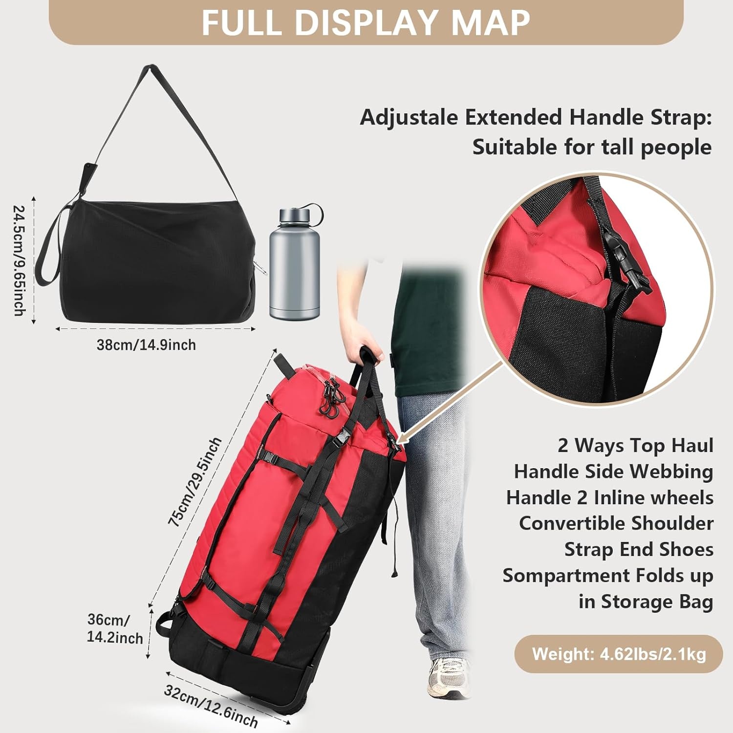 image:imageVomgomfom 86L Foldable Duffle Bag with Wheels Waterproof Rolling Travel Bag Collapsible Luggage No Telescopic Handle for Men Women Camping Sports Weekend TripsBlackRed