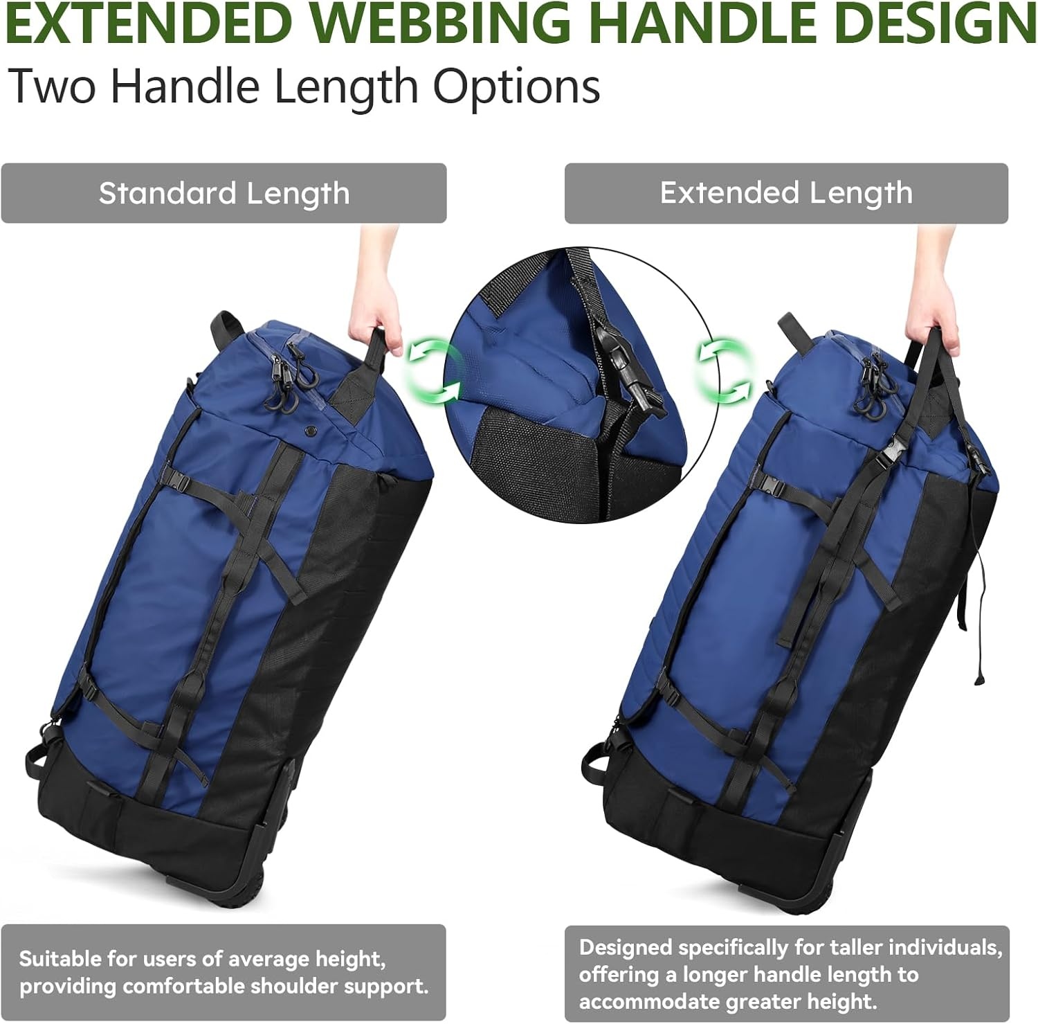 image:imageVomgomfom 86L Foldable Duffle Bag with Wheels Waterproof Rolling Travel Bag Collapsible Luggage No Telescopic Handle for Men Women Camping Sports Weekend TripsBlackNavy