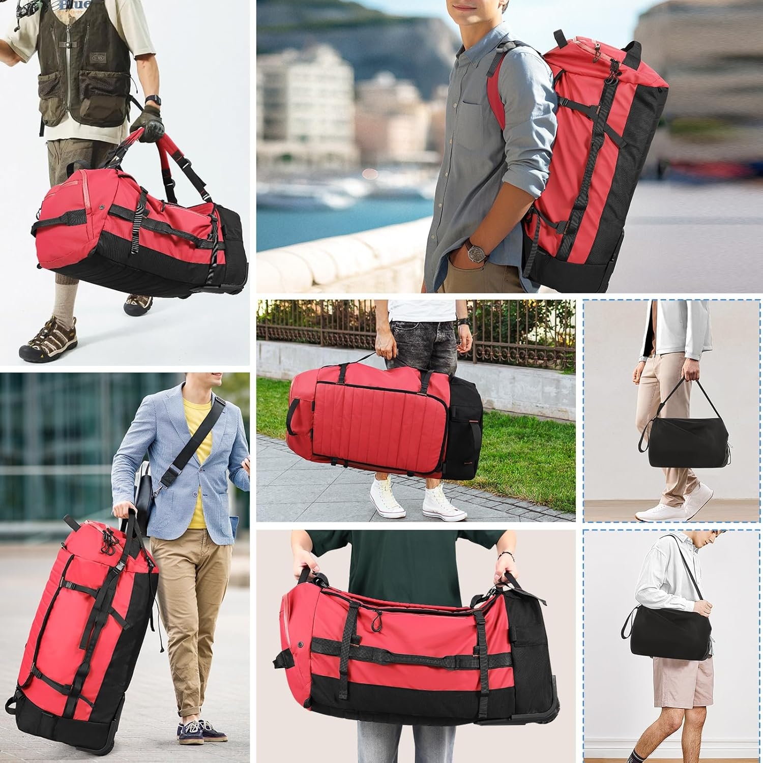image:imageVomgomfom 86L Foldable Duffle Bag with Wheels Waterproof Rolling Travel Bag Collapsible Luggage No Telescopic Handle for Men Women Camping Sports Weekend TripsBlackRed