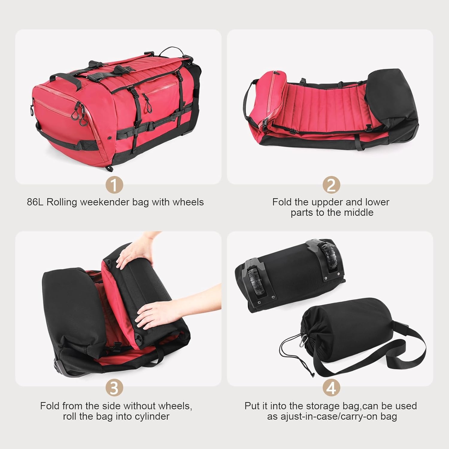 image:imageVomgomfom 86L Foldable Duffle Bag with Wheels Waterproof Rolling Travel Bag Collapsible Luggage No Telescopic Handle for Men Women Camping Sports Weekend TripsBlackRed