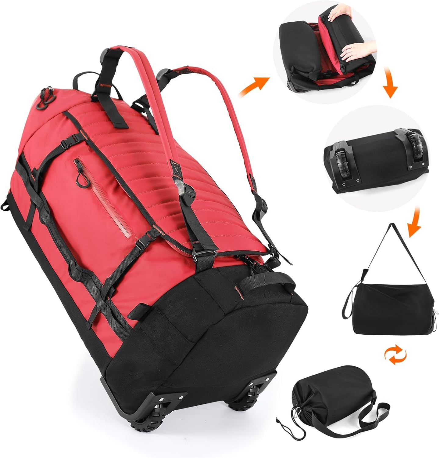 image:imageVomgomfom 86L Foldable Duffle Bag with Wheels Waterproof Rolling Travel Bag Collapsible Luggage No Telescopic Handle for Men Women Camping Sports Weekend TripsBlackRed