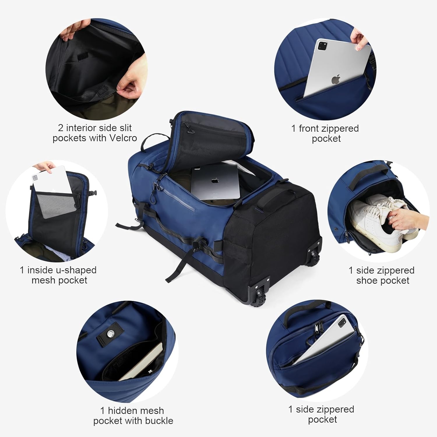 image:imageVomgomfom 86L Foldable Duffle Bag with Wheels Waterproof Rolling Travel Bag Collapsible Luggage No Telescopic Handle for Men Women Camping Sports Weekend TripsRedNavy