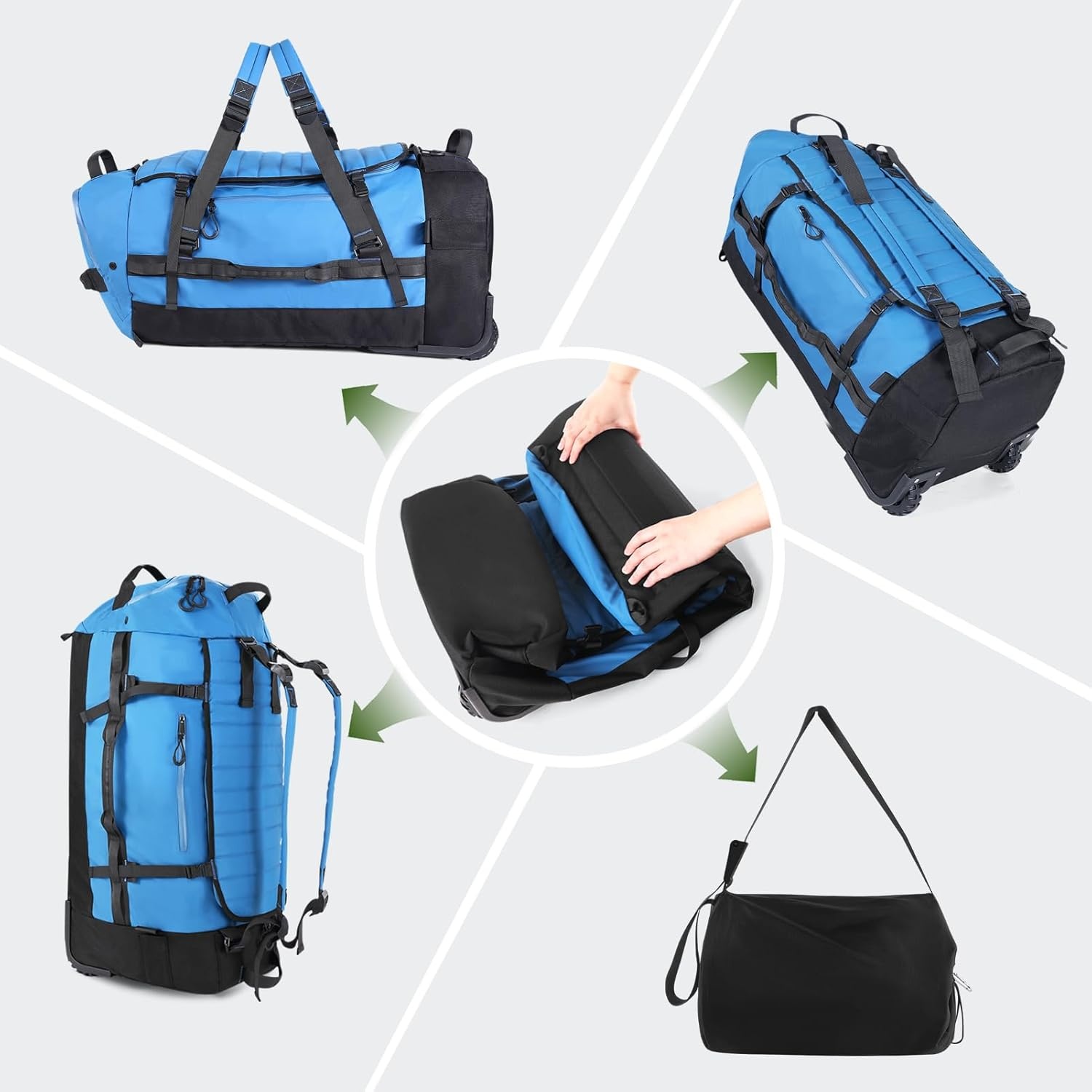 image:imageVomgomfom 86L Foldable Duffle Bag with Wheels Waterproof Rolling Travel Bag Collapsible Luggage No Telescopic Handle for Men Women Camping Sports Weekend TripsBlackBlue