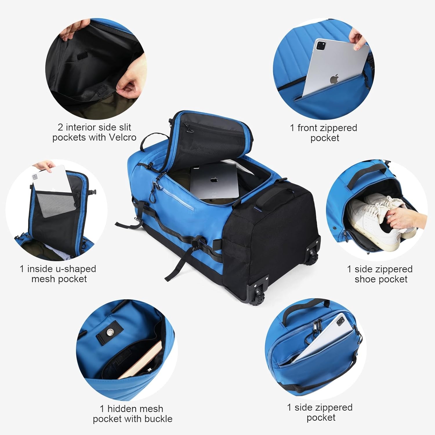 image:imageVomgomfom 86L Foldable Duffle Bag with Wheels Waterproof Rolling Travel Bag Collapsible Luggage No Telescopic Handle for Men Women Camping Sports Weekend TripsBlackBlue
