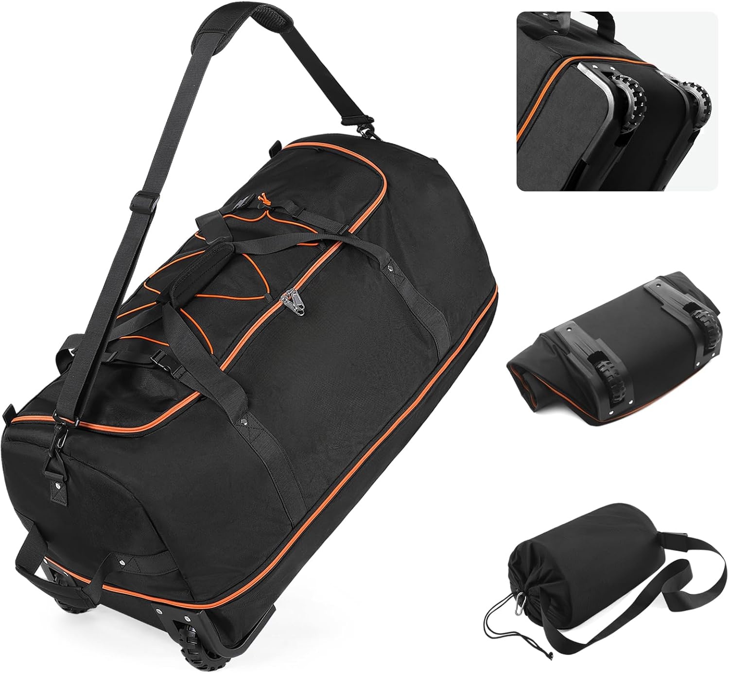 image:imageVomgomfom Wheeled Collapsible Duffel Bag110L140L Expandable Checked Luggage NoTelescopicHandle with AntiBurst Zipper amp Reinforced FrameBlackredBlackorange
