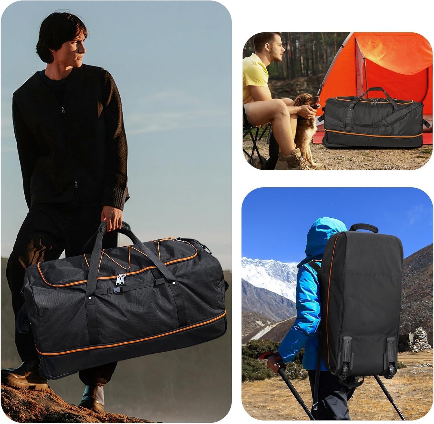 image:imageVomgomfom Wheeled Collapsible Duffel Bag110L140L Expandable Checked Luggage NoTelescopicHandle with AntiBurst Zipper amp Reinforced FrameBlackredBlackorange