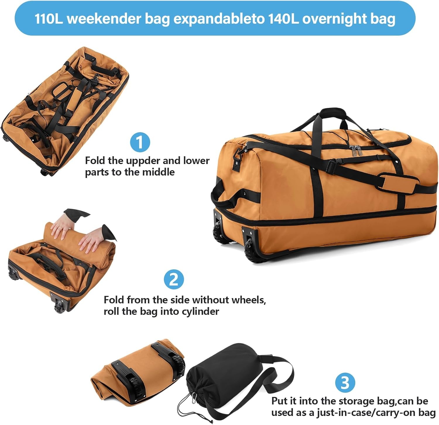 image:imageVomgomfom Wheeled Collapsible Duffel Bag110L140L Expandable Checked Luggage NoTelescopicHandle with AntiBurst Zipper amp Reinforced FrameBlackredBrown