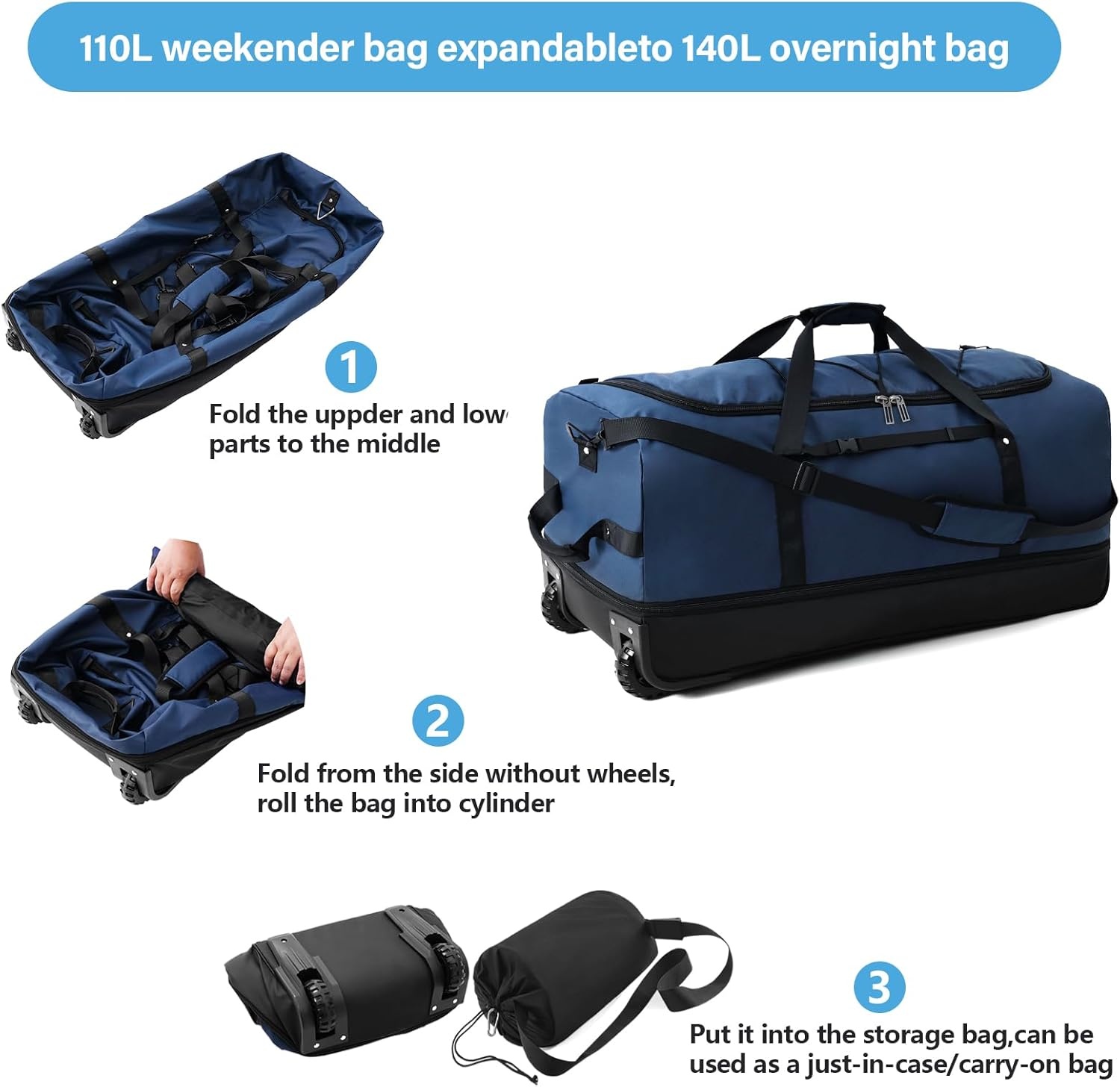 image:imageVomgomfom Wheeled Collapsible Duffel Bag110L140L Expandable Checked Luggage NoTelescopicHandle with AntiBurst Zipper amp Reinforced FrameBlackredNavy