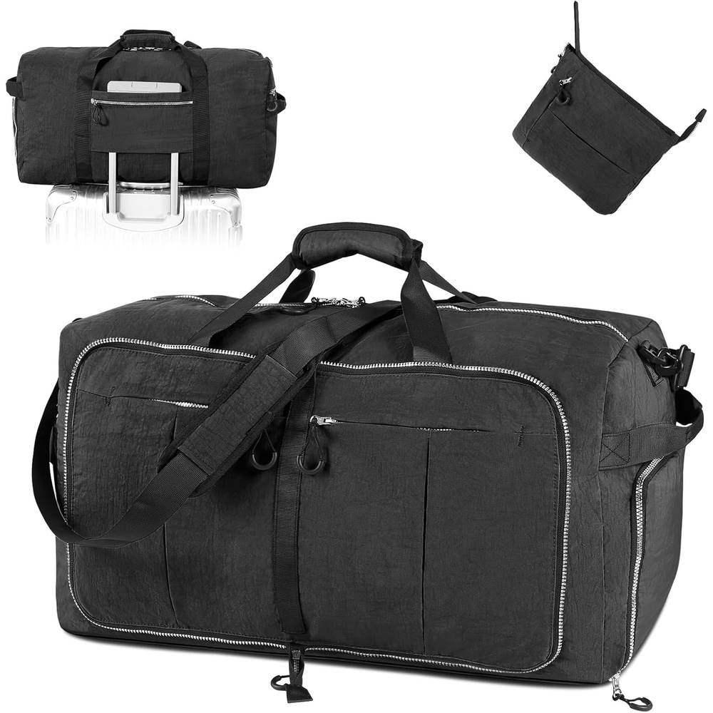image:imageVomgomfom 120L Foldable Nylon Travel Duffle Bag with Separate Shoe Compartment Multiple Pockets Thickened Base Removable Strap amp HandleBlackBlack