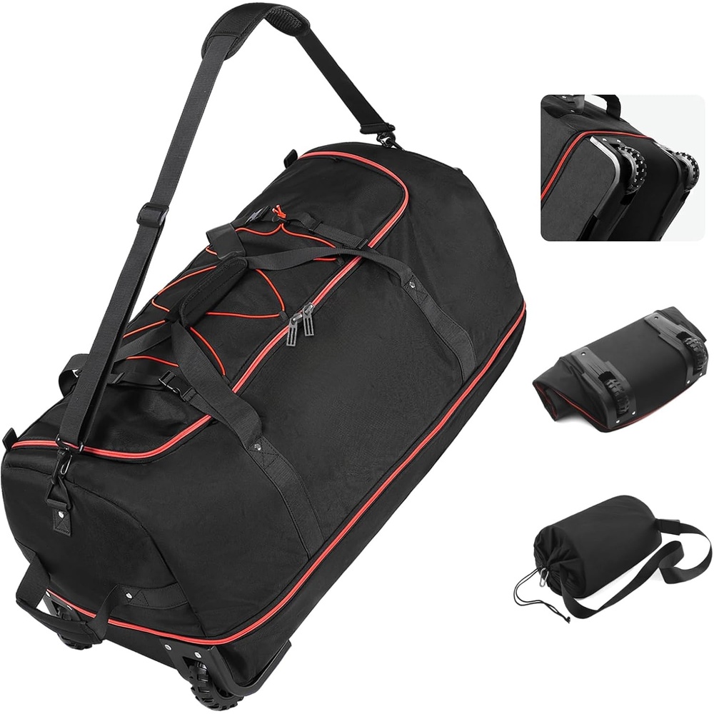 image:imageVomgomfom 32 SoftSided Foldable Wheeled Travel Duffel BagExpandable 110L to 140L Rolling Cargo Bag with 2 Wheels and Multiple PocketsBlackorangeBlackred