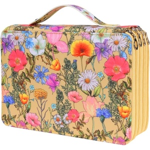 image:imageVomgomfom 200 Slots Pencil Bag 4Layer Zipper Portable Art Supply Organizer PU Leather Large Capacity Colored Pencil Case with Handle for 200 Watercolor Pens Gel Pens Green RoseH Yellow Flower