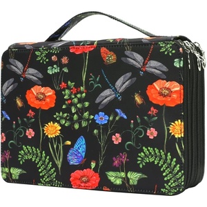 image:imageVomgomfom 200 Slots Pencil Bag 4Layer Zipper Portable Art Supply Organizer PU Leather Large Capacity Colored Pencil Case with Handle for 200 Watercolor Pens Gel Pens Green RoseJ Pattern Black