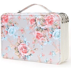 image:imageVomgomfom 200 Slots Pencil Bag 4Layer Zipper Portable Art Supply Organizer PU Leather Large Capacity Colored Pencil Case with Handle for 200 Watercolor Pens Gel Pens Green RoseB Gray Rose